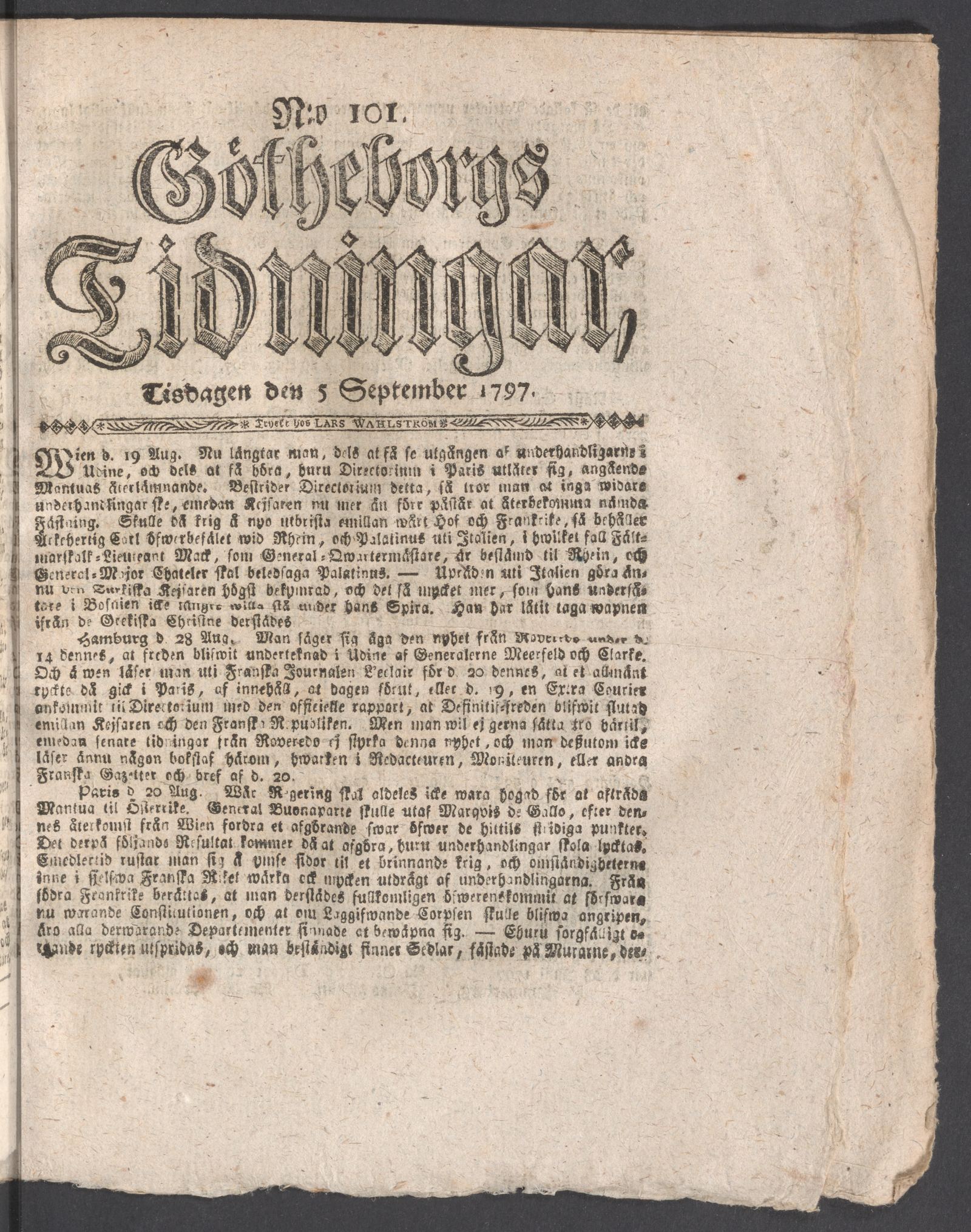 Tidningssida ur GÖTHEBORGS TIDNINGAR, 1797-09-05