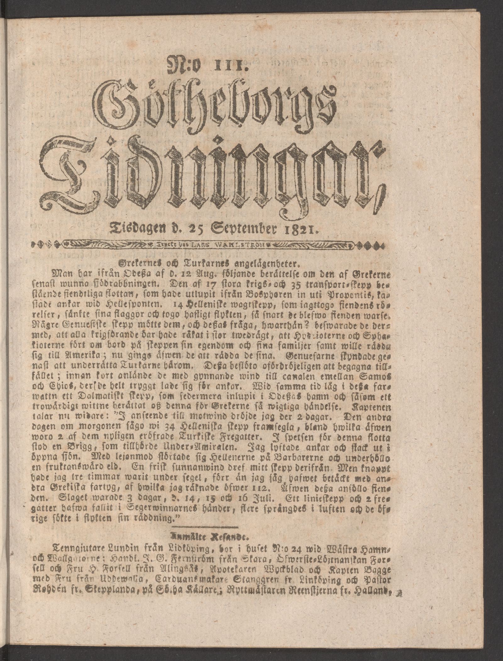Tidningssida ur GÖTHEBORGS TIDNINGAR, 1821-09-25