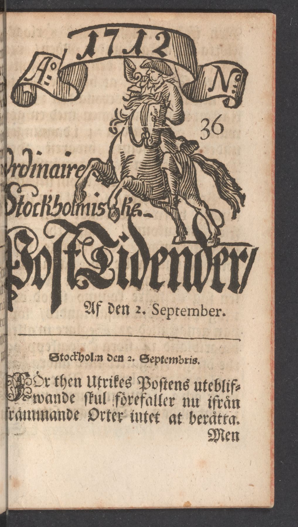 Tidningssida ur POSTTIDNINGAR, 1712-09-02