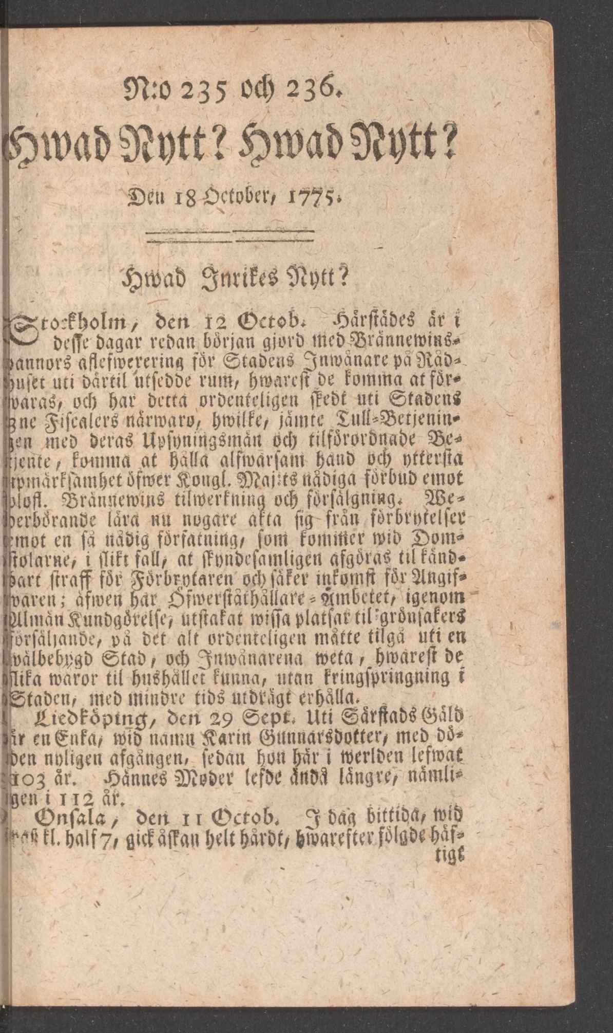 Tidningssida ur HWAD NYTT?, 1775-10-18