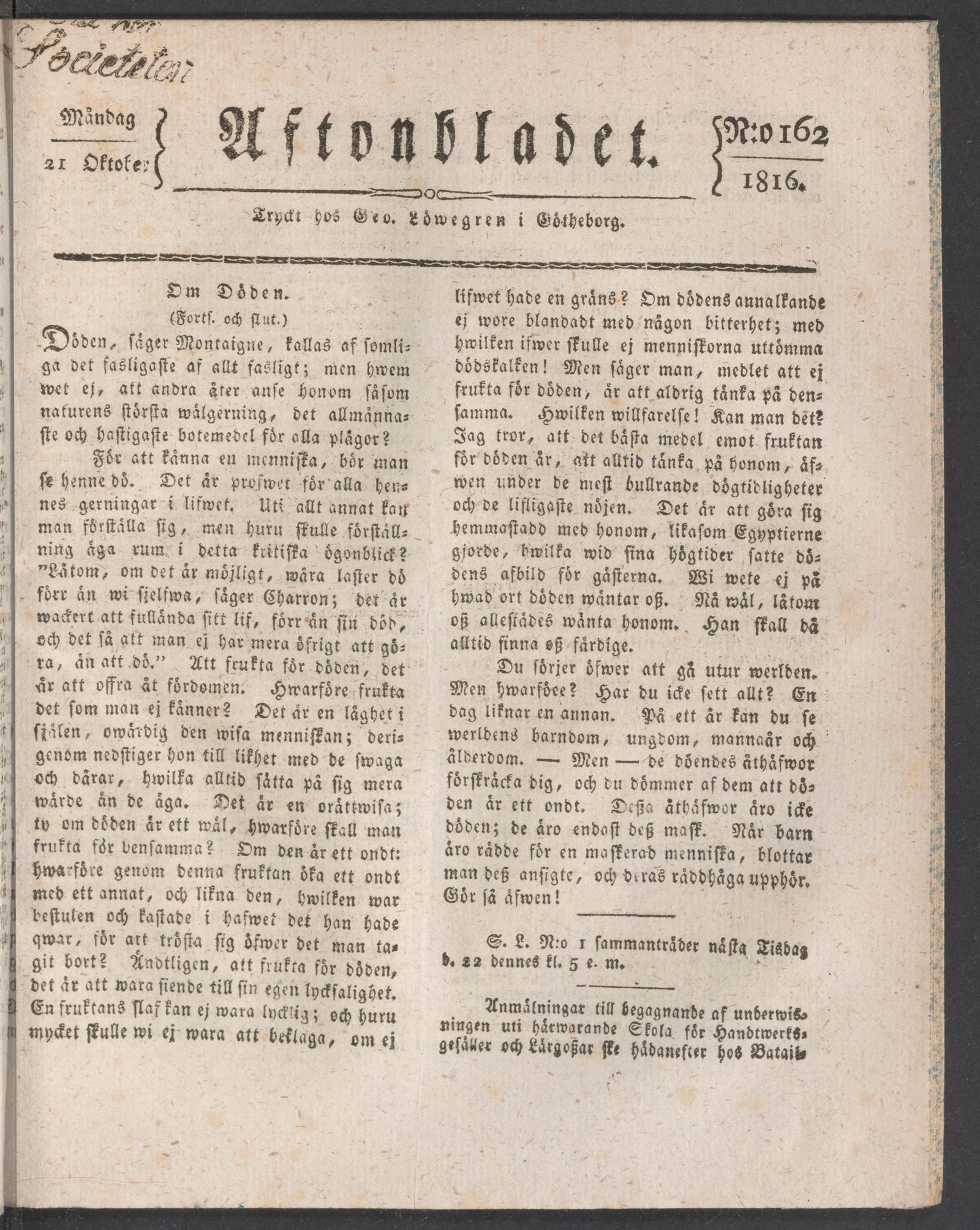 Tidningssida ur AFTONBLADET, 1816-10-21