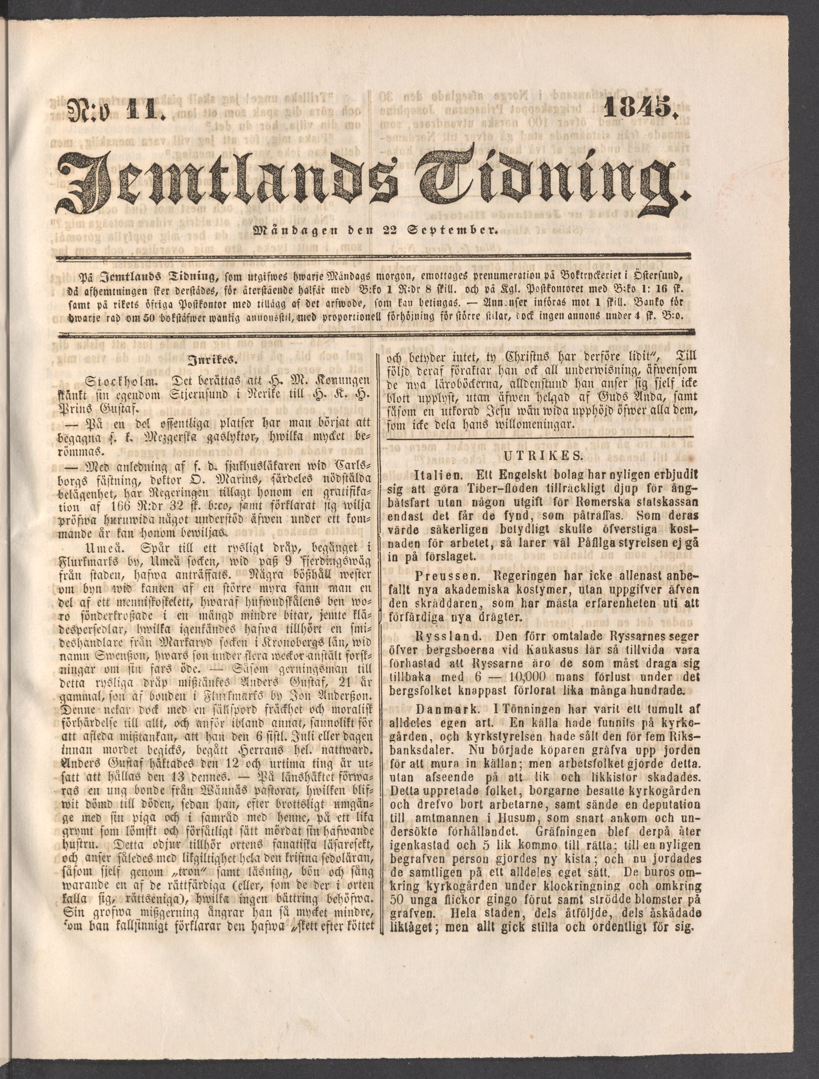 Tidningssida ur JEMTLANDS TIDNING, 1845-09-22