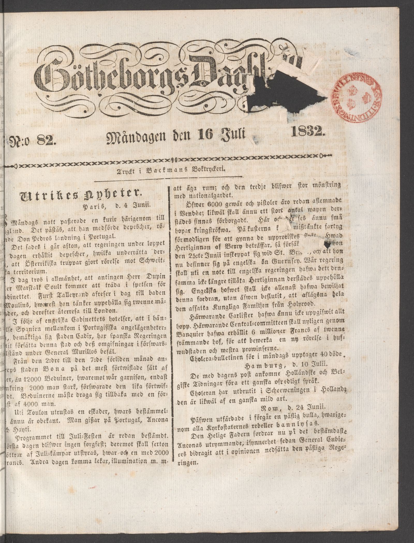 Tidningssida ur GÖTHEBORGS DAGBLAD, 1832-07-16
