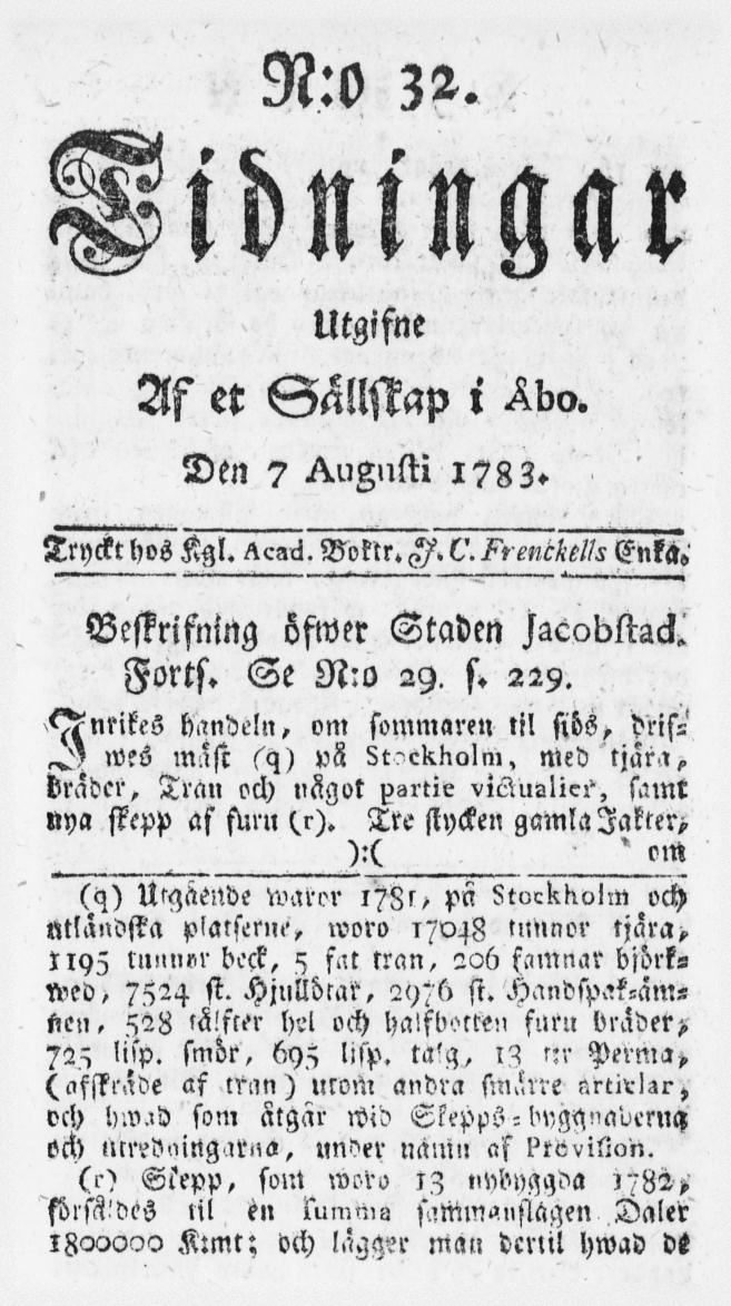 Tidningssida ur TIDNINGAR UTGIFNE AF ET SÄLLSKAP I ÅBO, 1783-08-07