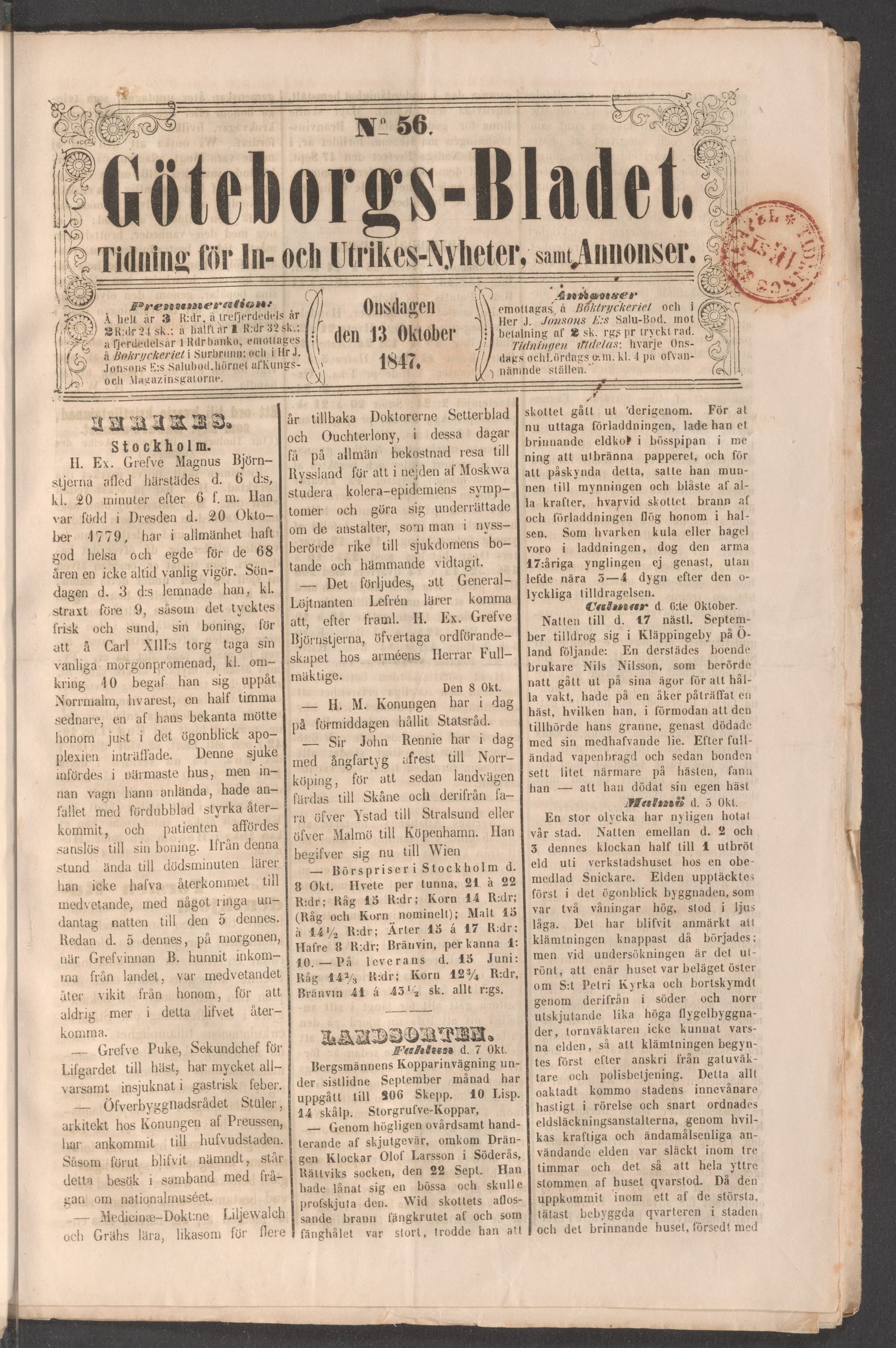 Tidningssida ur GÖTHEBORGSBLADET, 1847-10-13