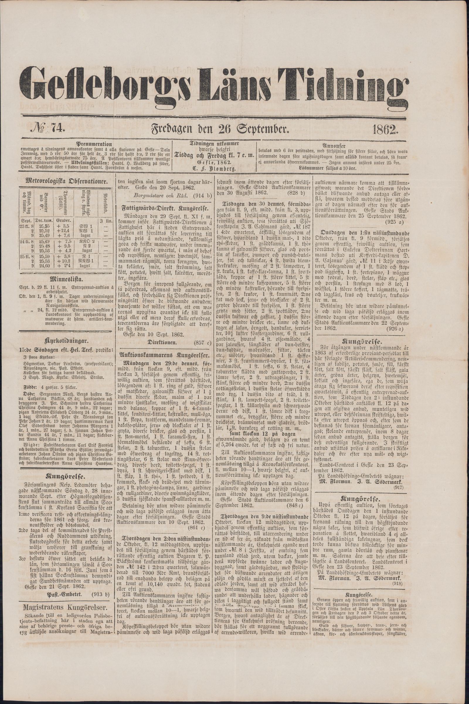 Tidningssida ur GEFLEBORGS LÄNS TIDNING, 1862-09-26
