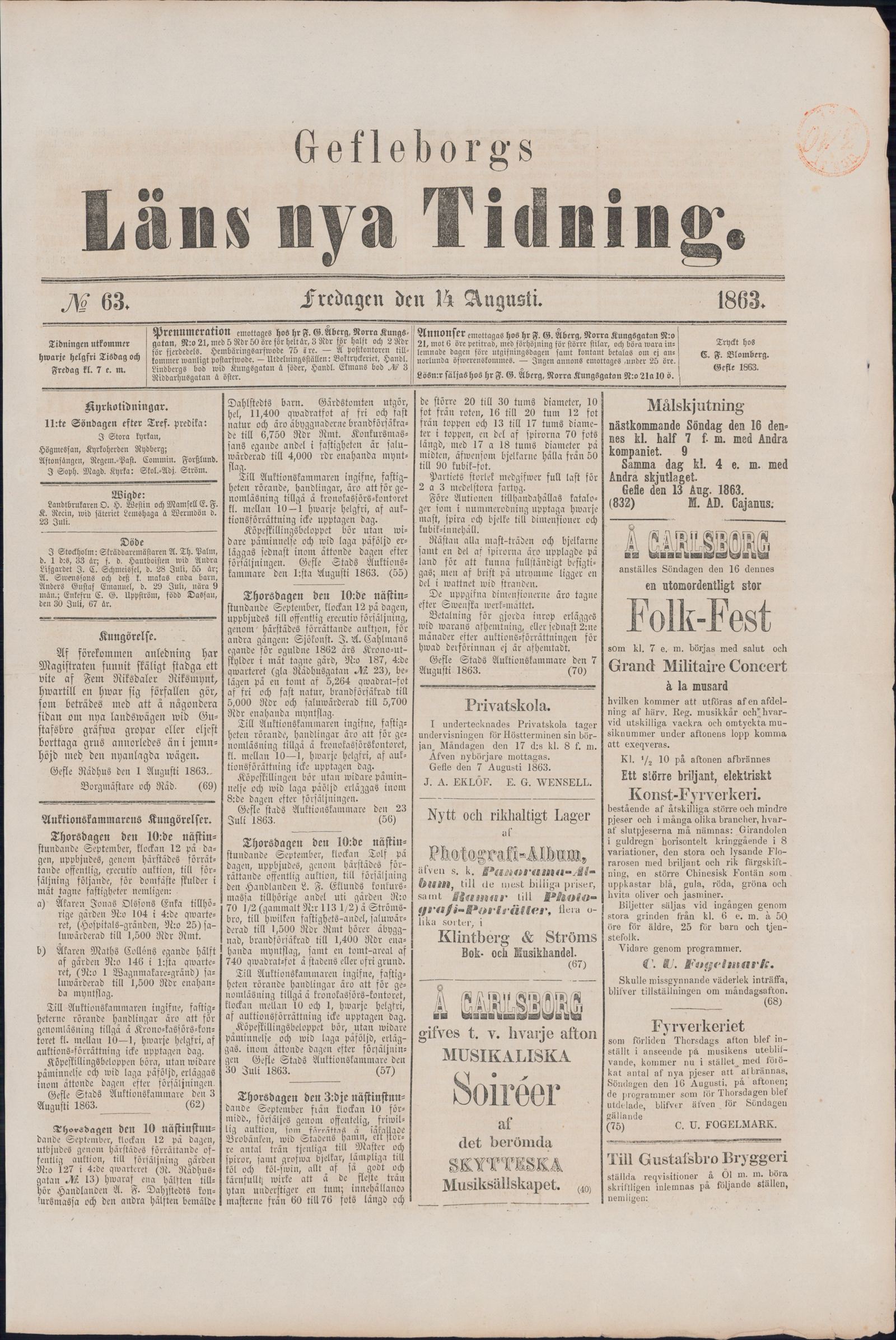 Tidningssida ur GEFLEBORGS LÄNS TIDNING, 1863-08-14