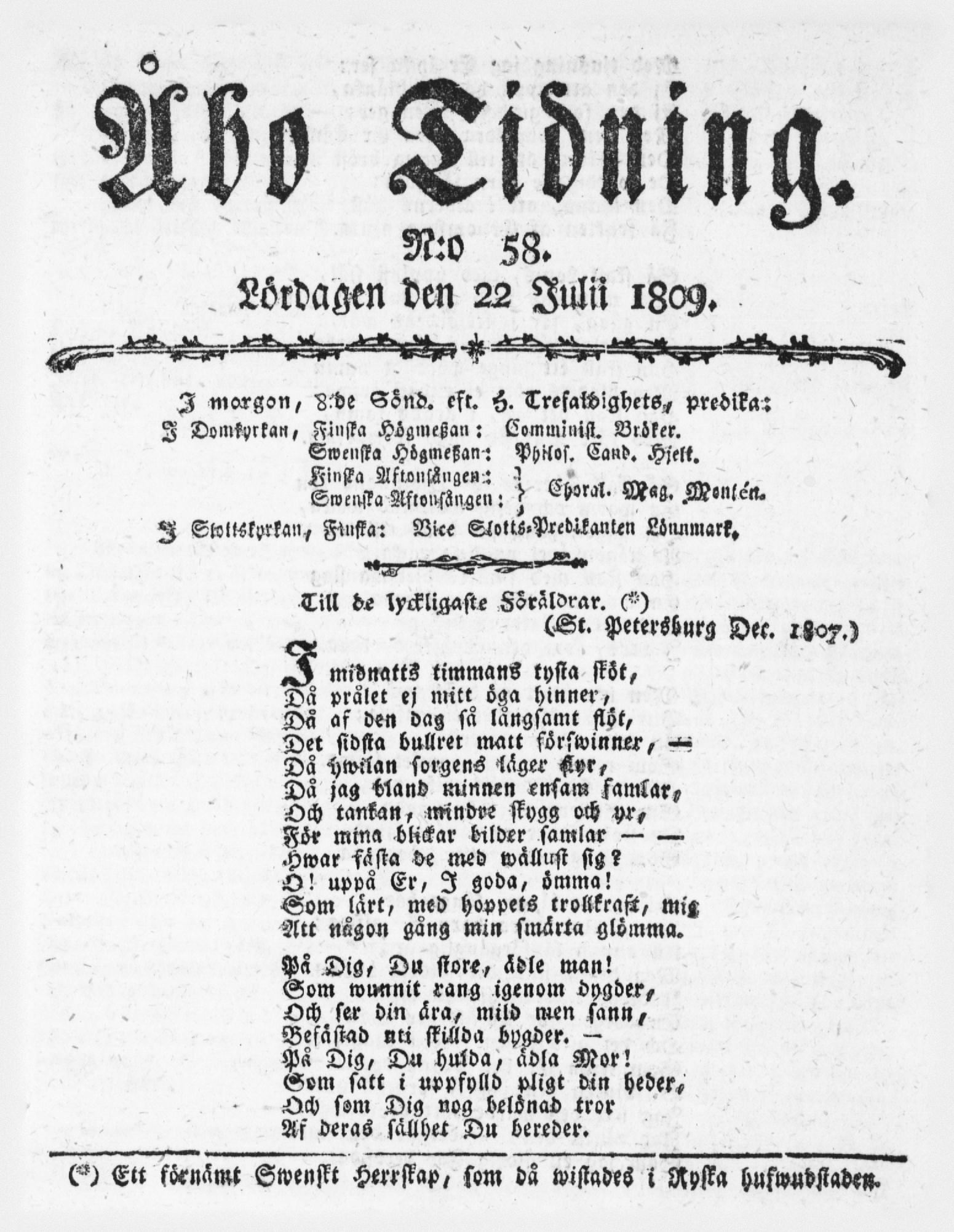 Tidningssida ur ÅBO TIDNING, 1809-07-22