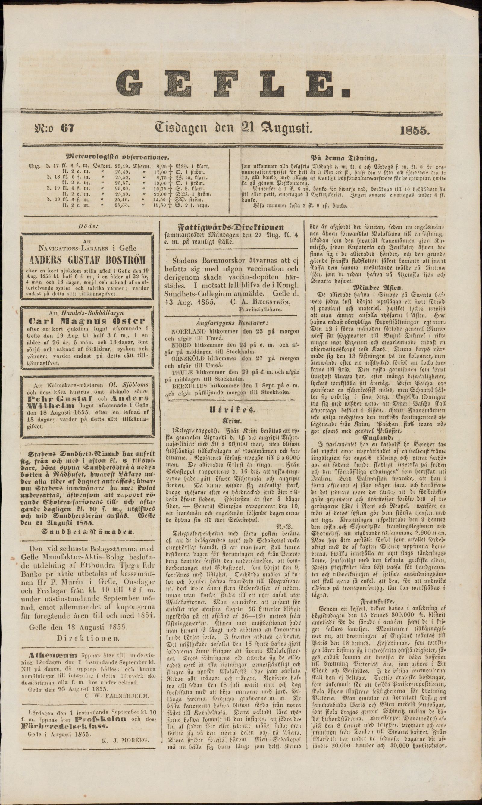 Tidningssida ur GEFLEBORGS LÄNS TIDNING, 1855-08-21