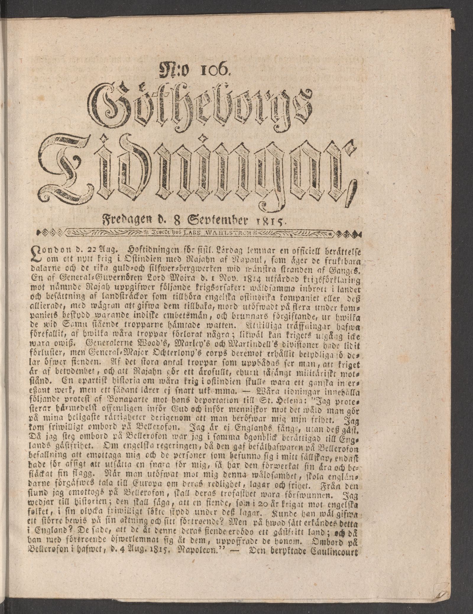 Tidningssida ur GÖTHEBORGS TIDNINGAR, 1815-09-08