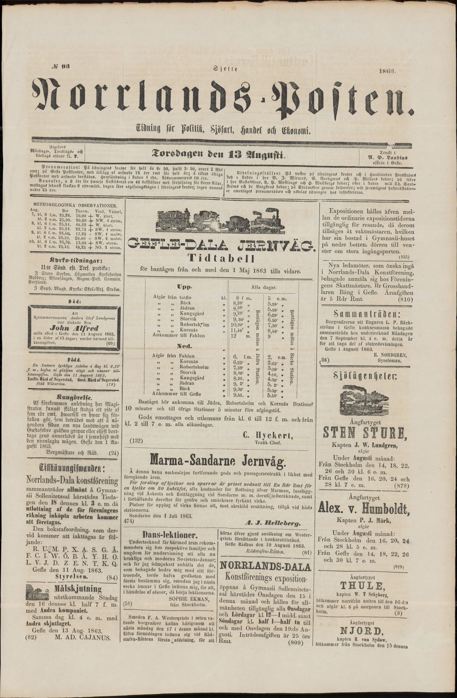 Tidningssida ur NORRLANDSPOSTEN, 1863-08-13
