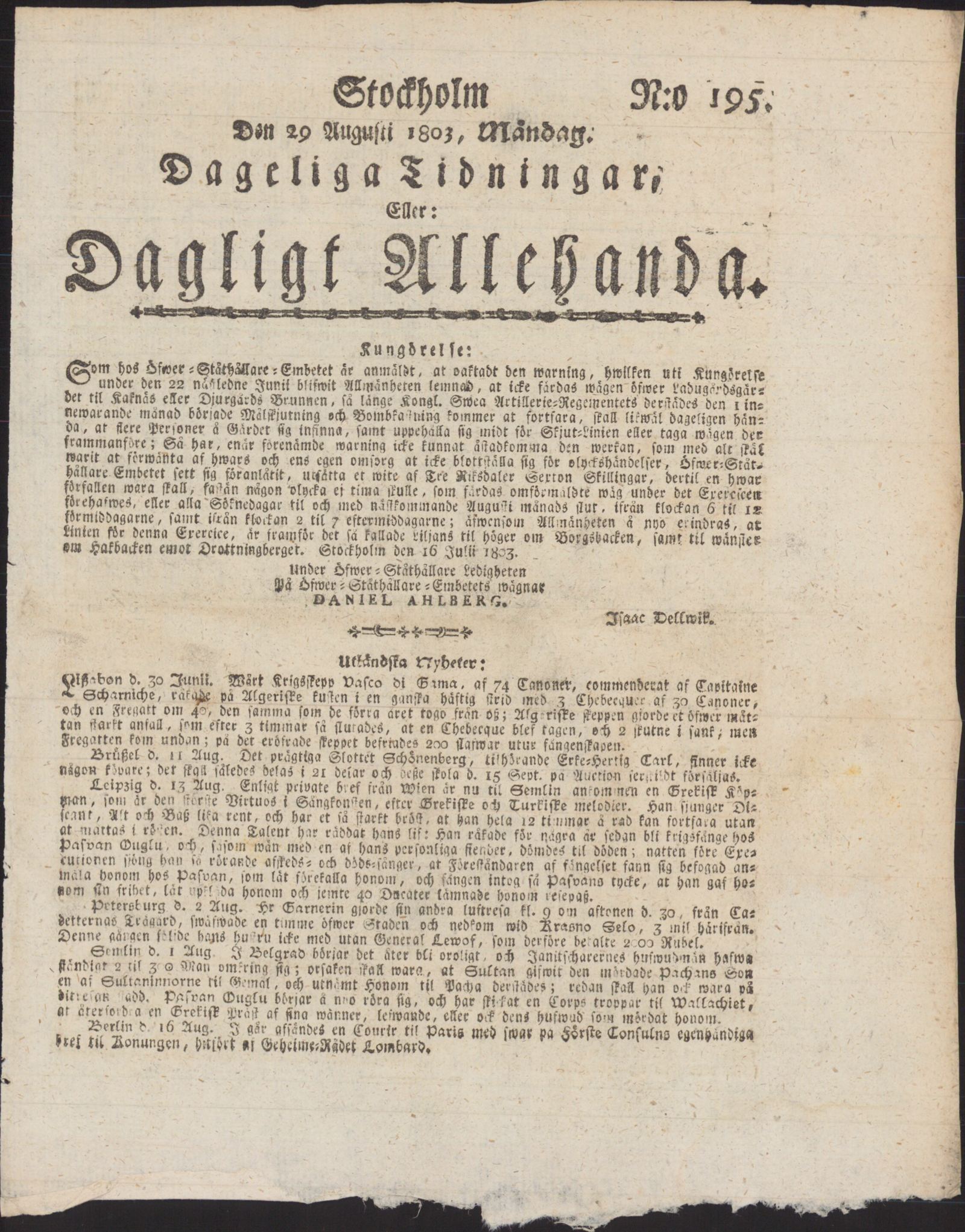 Tidningssida ur DAGLIGT ALLEHANDA, 1803-08-29