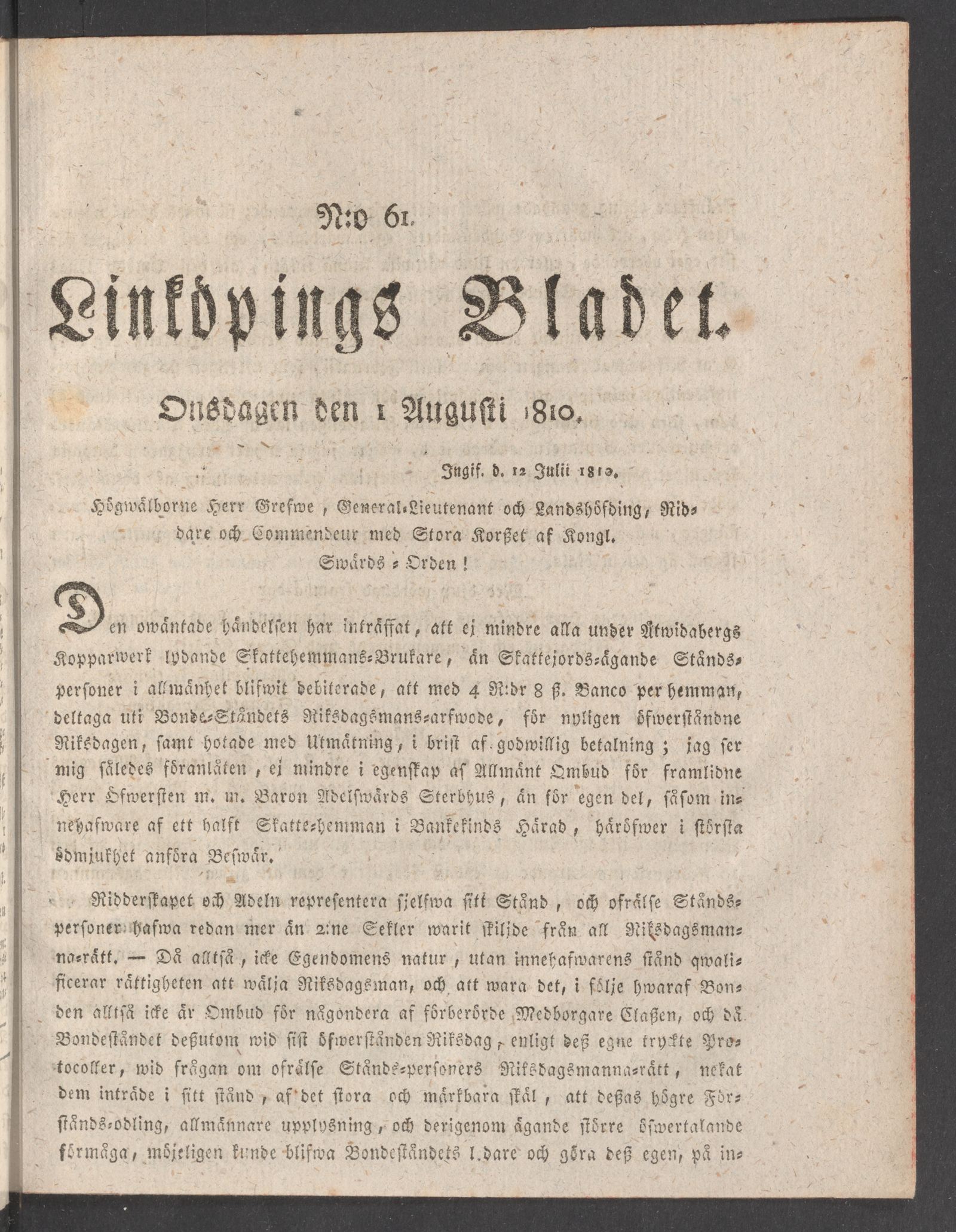 Tidningssida ur LINKÖPINGSBLADET, 1810-08-01