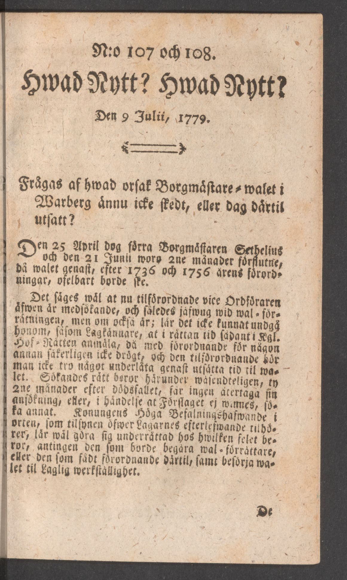Tidningssida ur HWAD NYTT?, 1779-07-09
