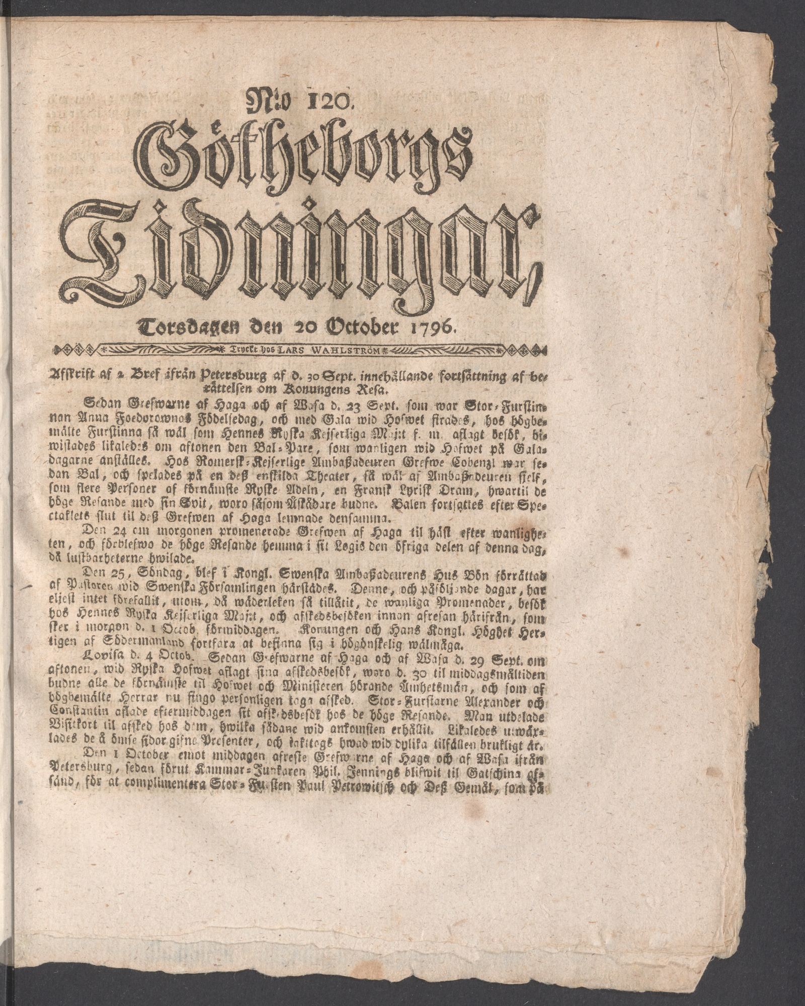 Tidningssida ur GÖTHEBORGS TIDNINGAR, 1796-10-20
