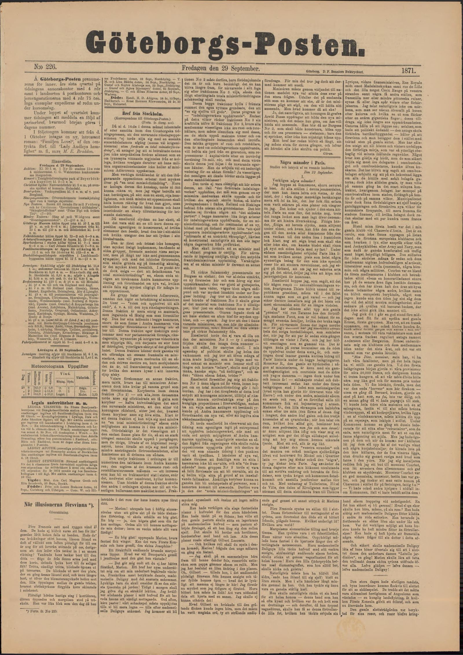 Tidningssida ur Göteborgsposten, 1871-09-29