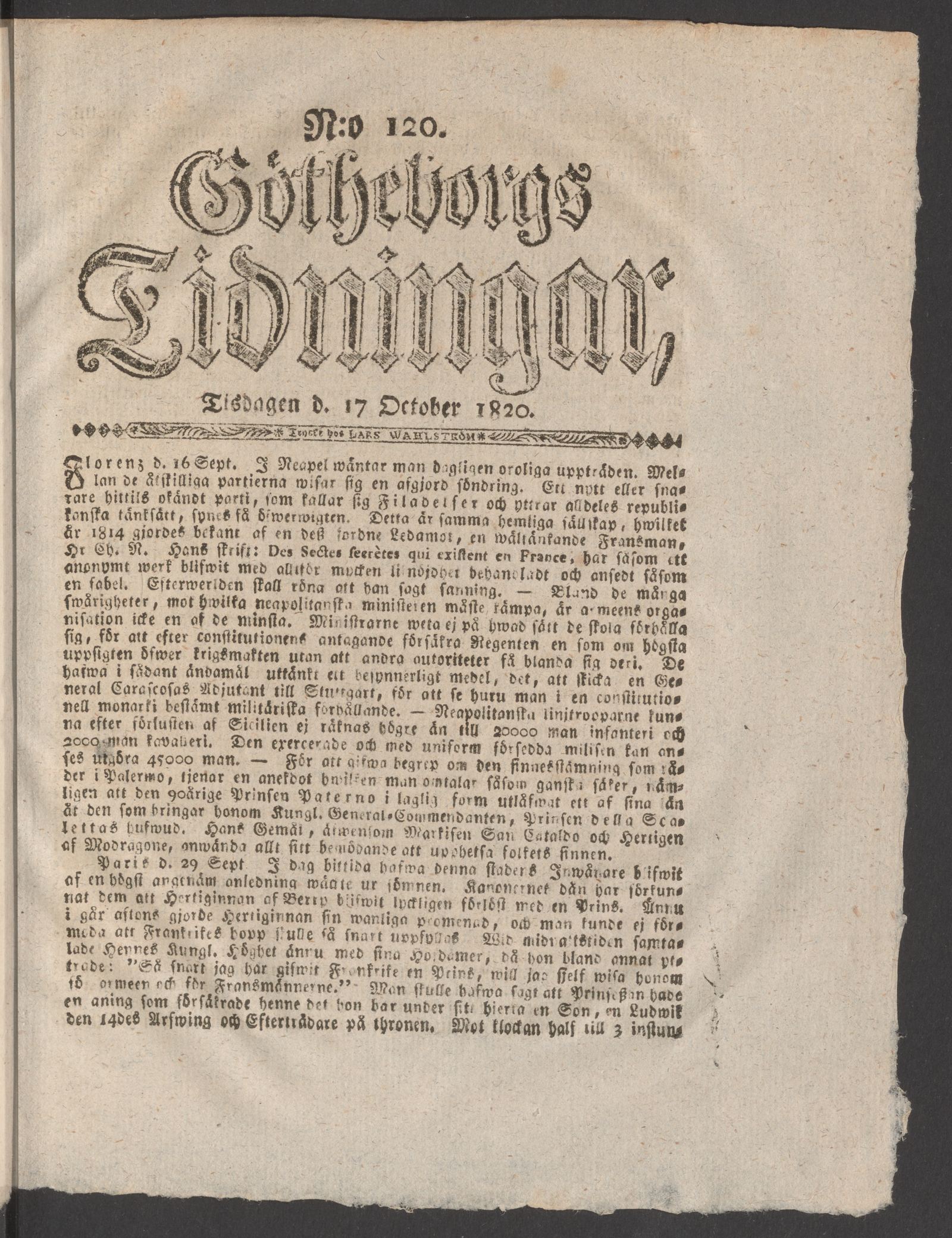 Tidningssida ur GÖTHEBORGS TIDNINGAR, 1820-10-17