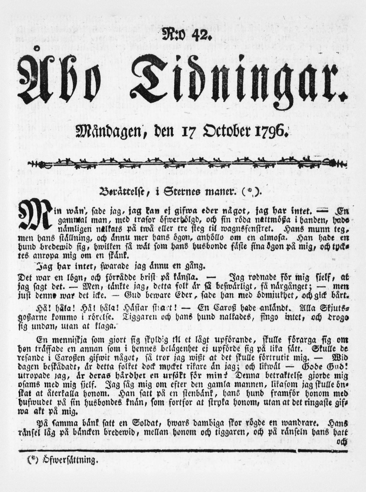 Tidningssida ur ÅBO TIDNINGAR, 1796-10-17