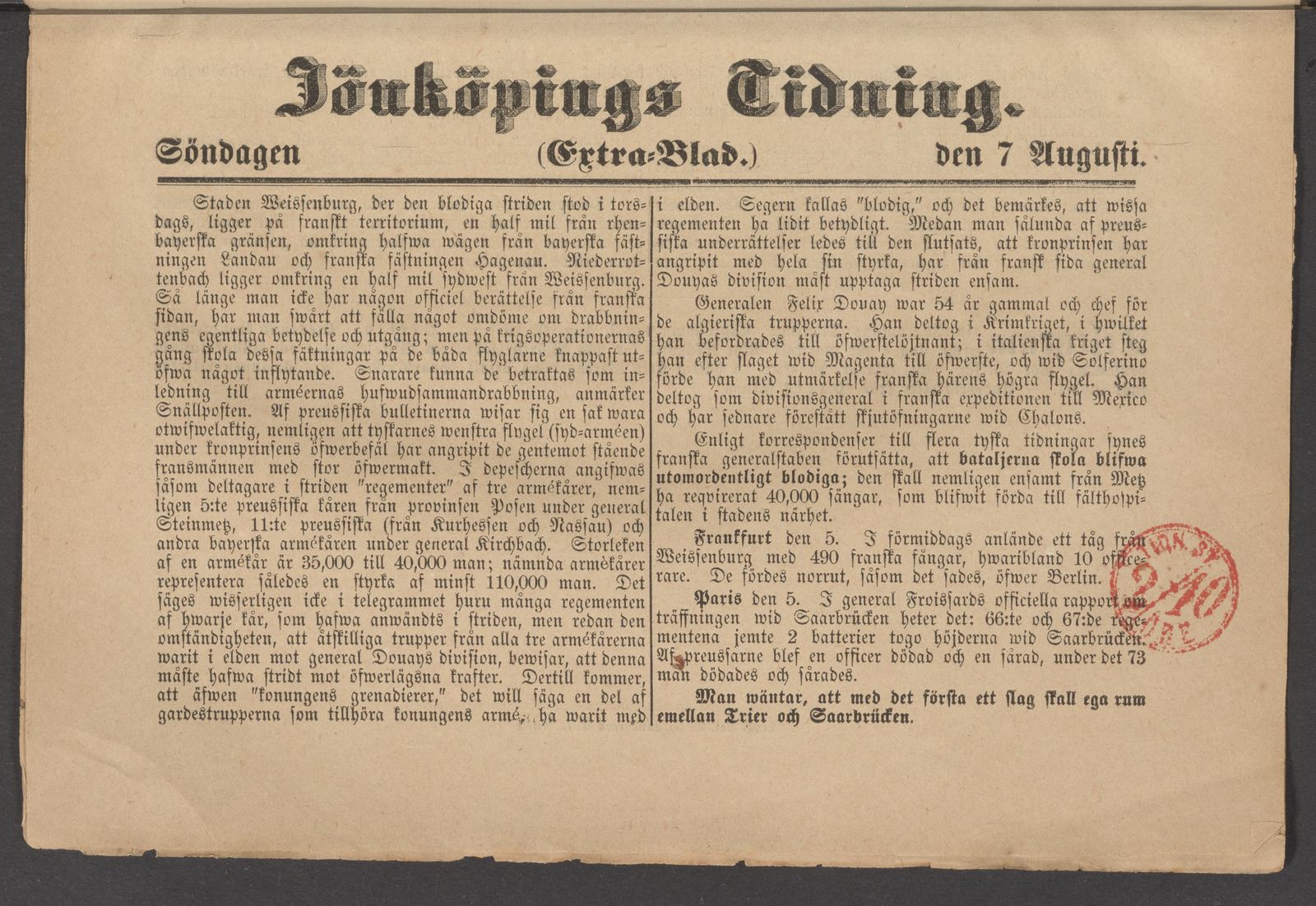 Tidningssida ur JÖNKÖPINGS TIDNING, 1870-08-07