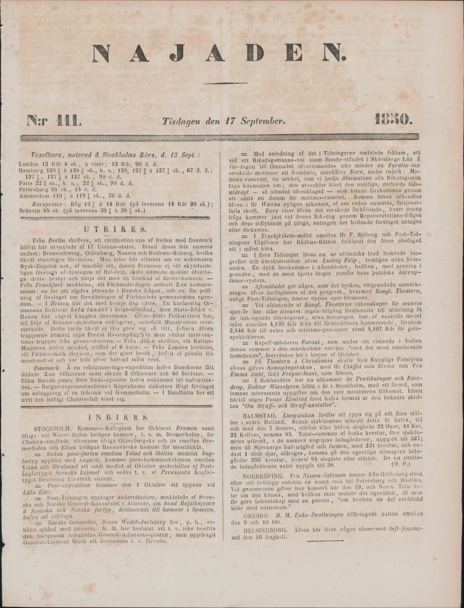 Tidningssida ur NAJADEN, 1850-09-17