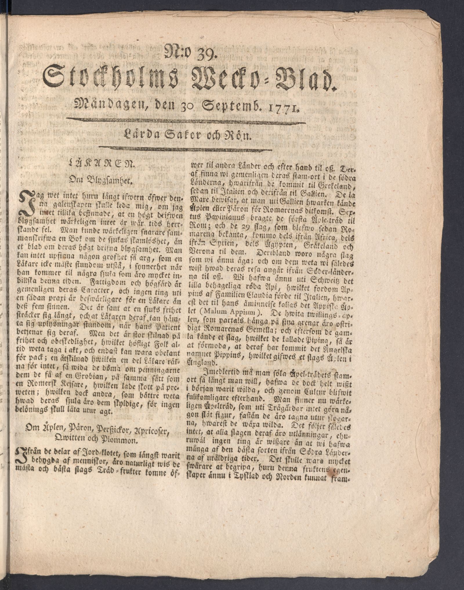 Tidningssida ur STOCKHOLMS WECKOBLAD, 1771-09-30