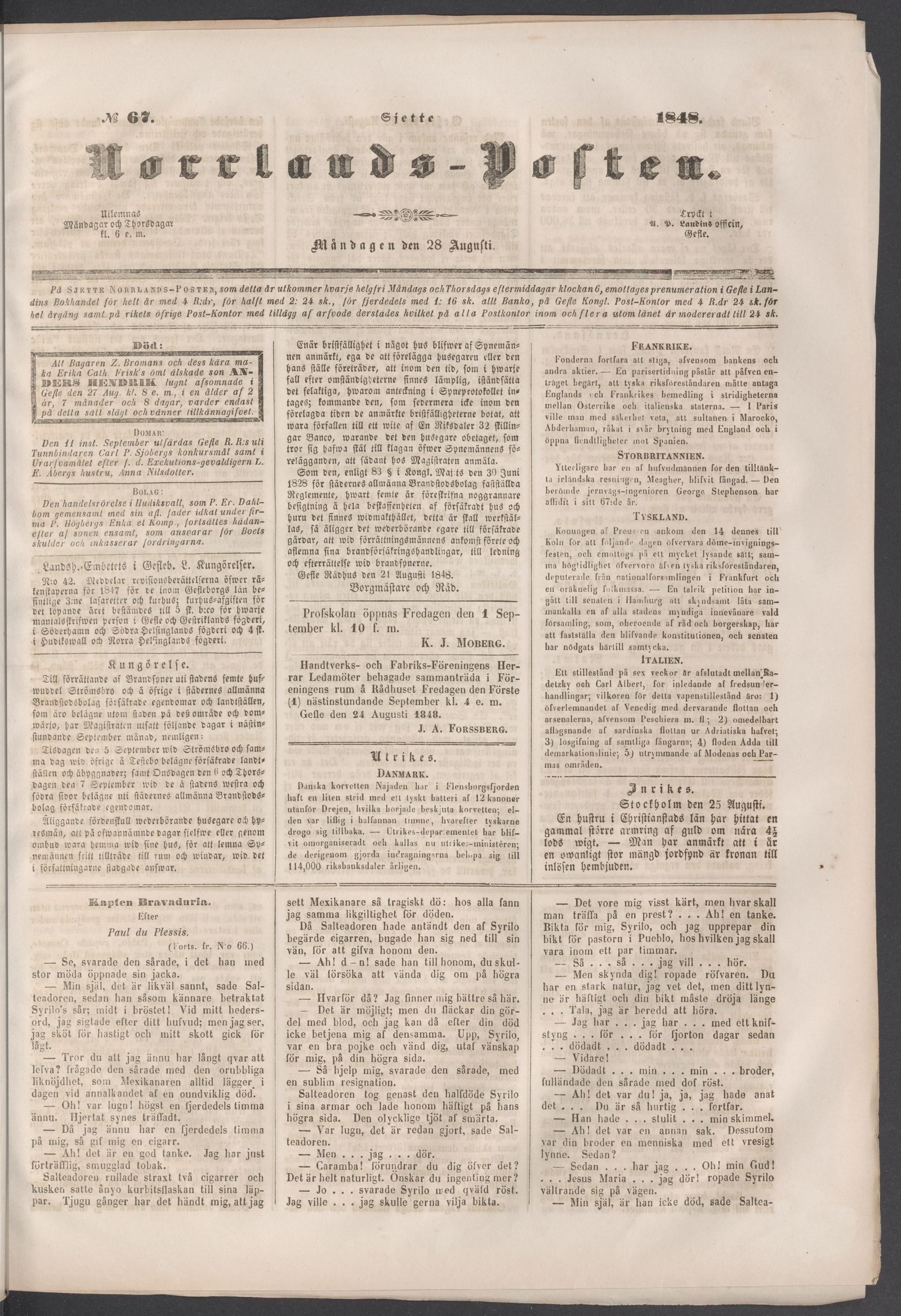 Tidningssida ur NORRLANDSPOSTEN, 1848-08-28