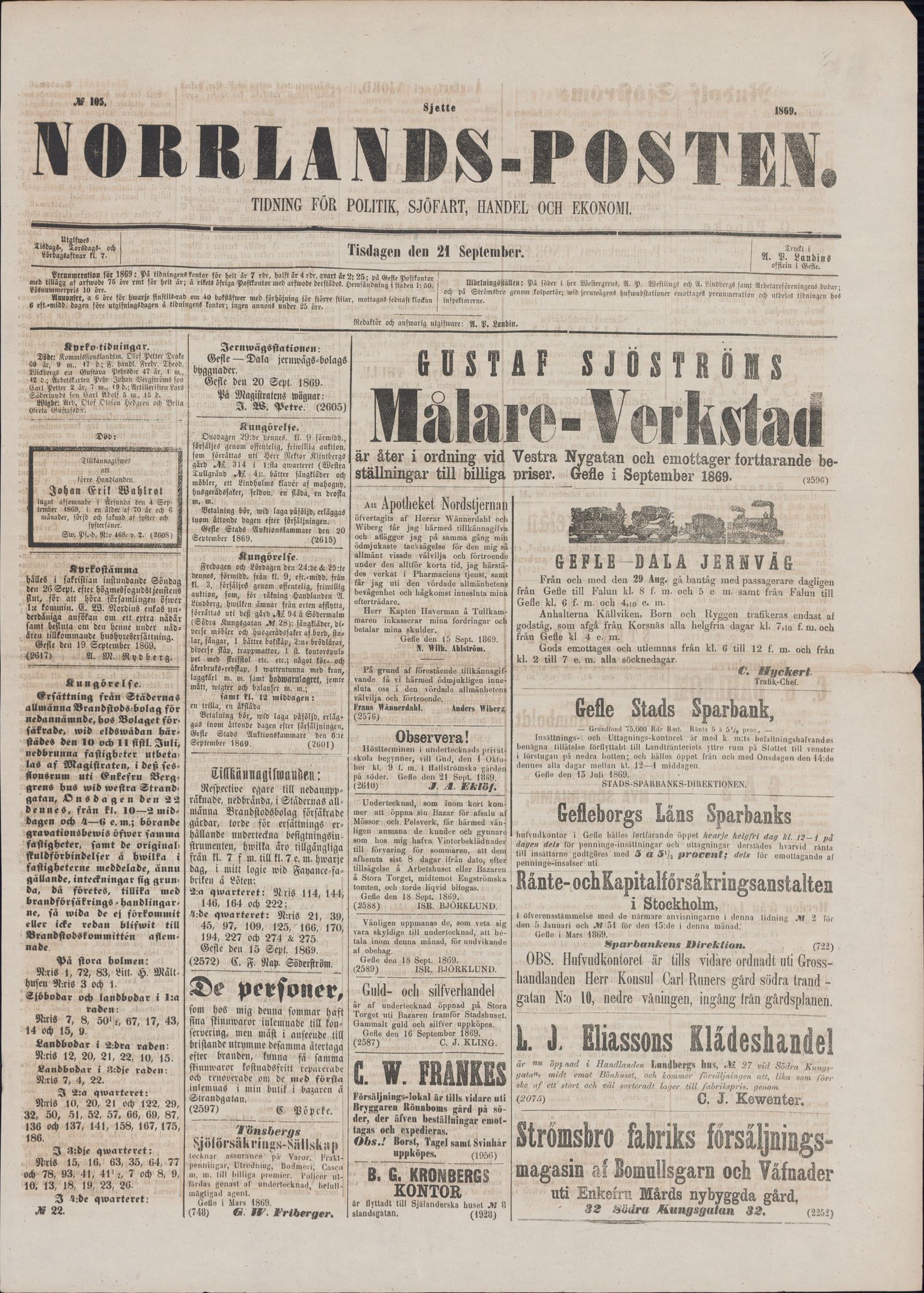 Tidningssida ur NORRLANDSPOSTEN, 1869-09-21