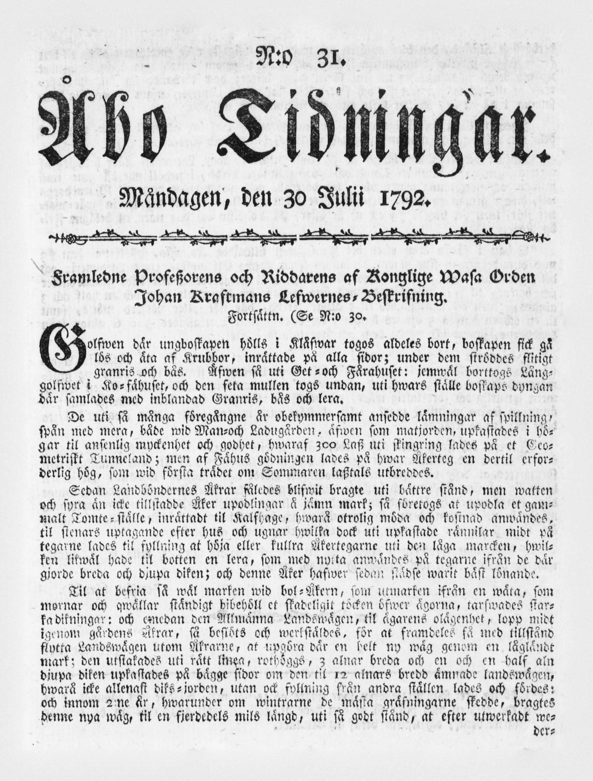 Tidningssida ur ÅBO TIDNINGAR, 1792-07-30