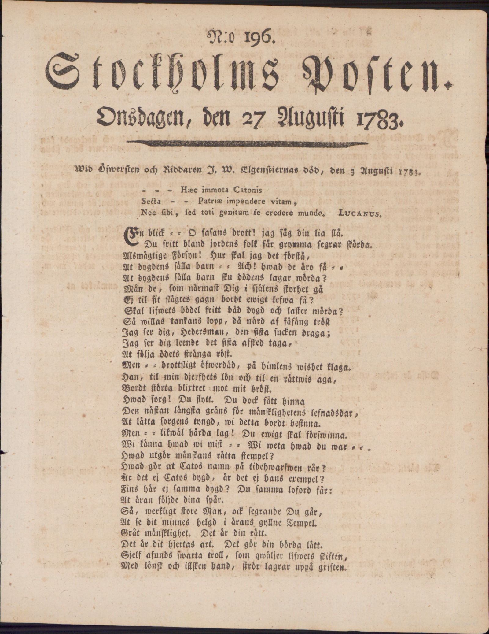 Tidningssida ur STOCKHOLMSPOSTEN, 1783-08-27