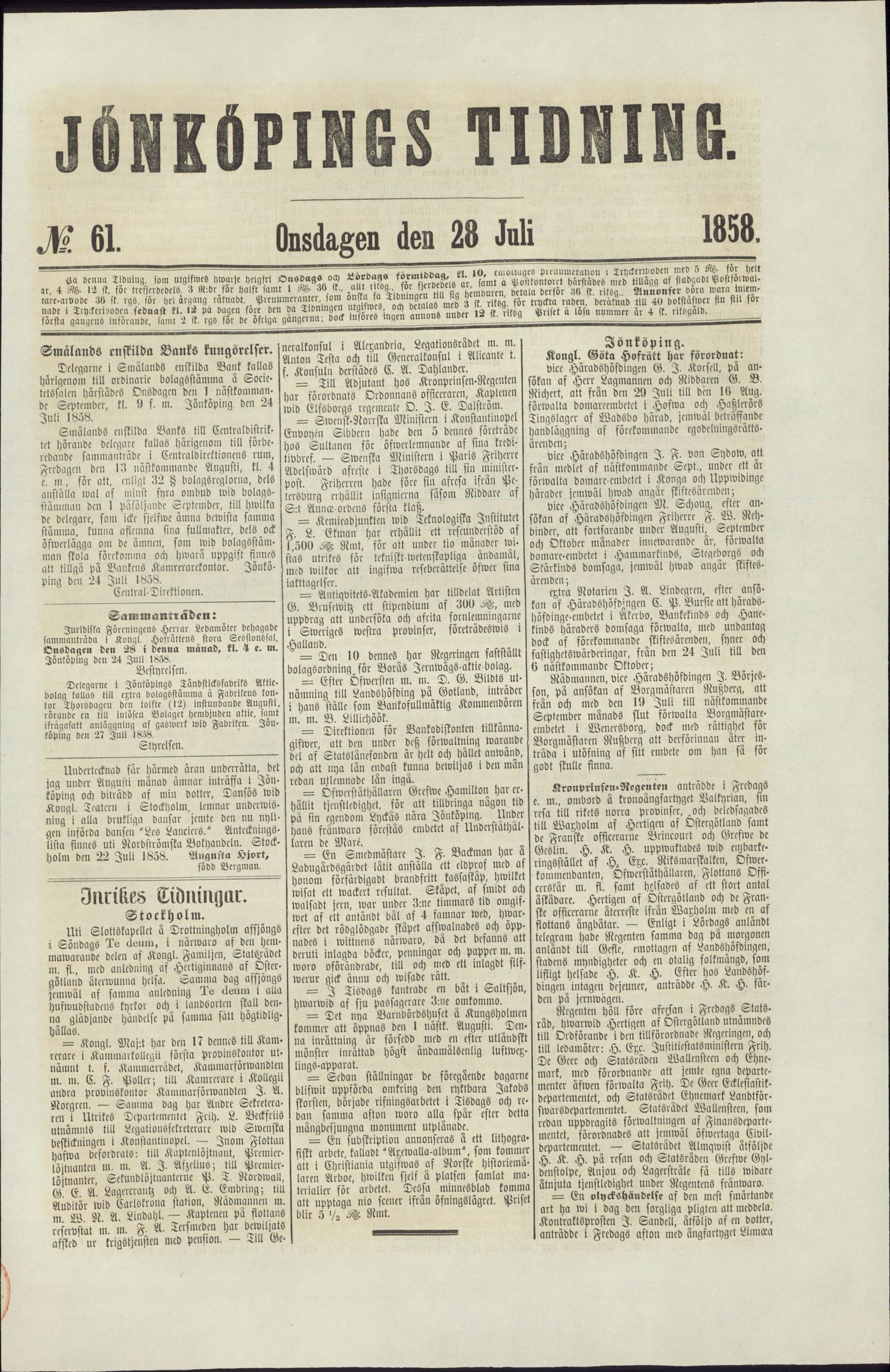 Tidningssida ur JÖNKÖPINGS TIDNING, 1858-07-28