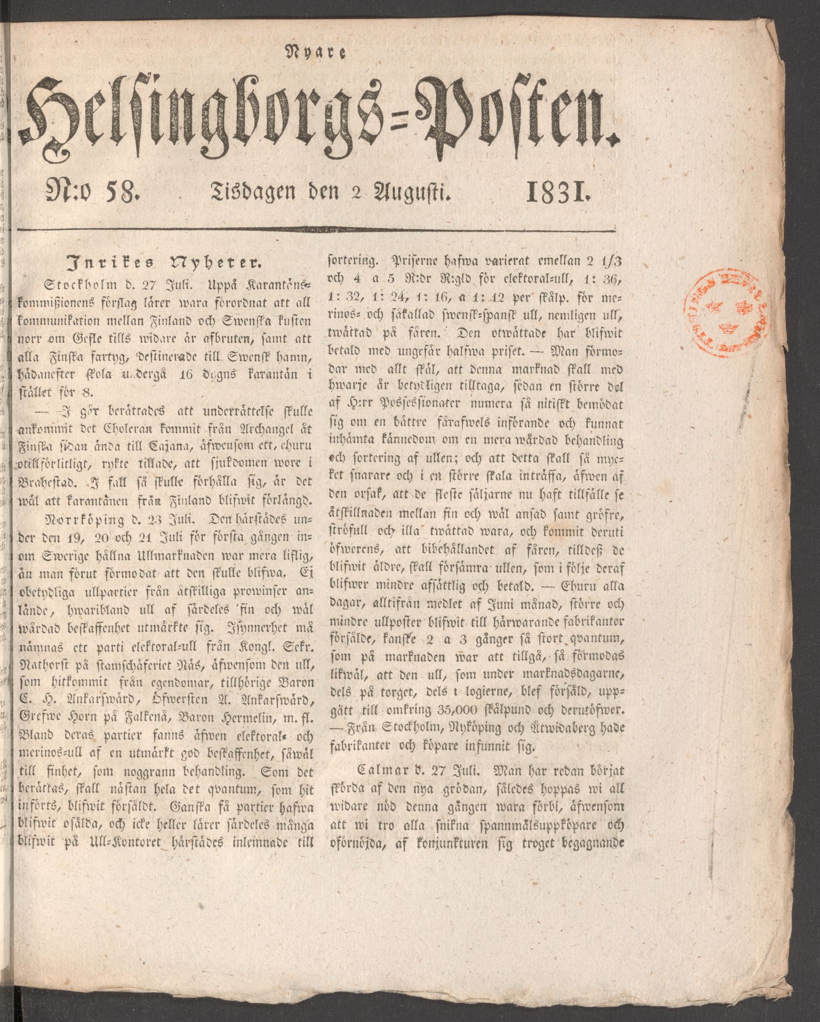 Tidningssida ur HELSINGBORGSPOSTEN, 1831-08-02