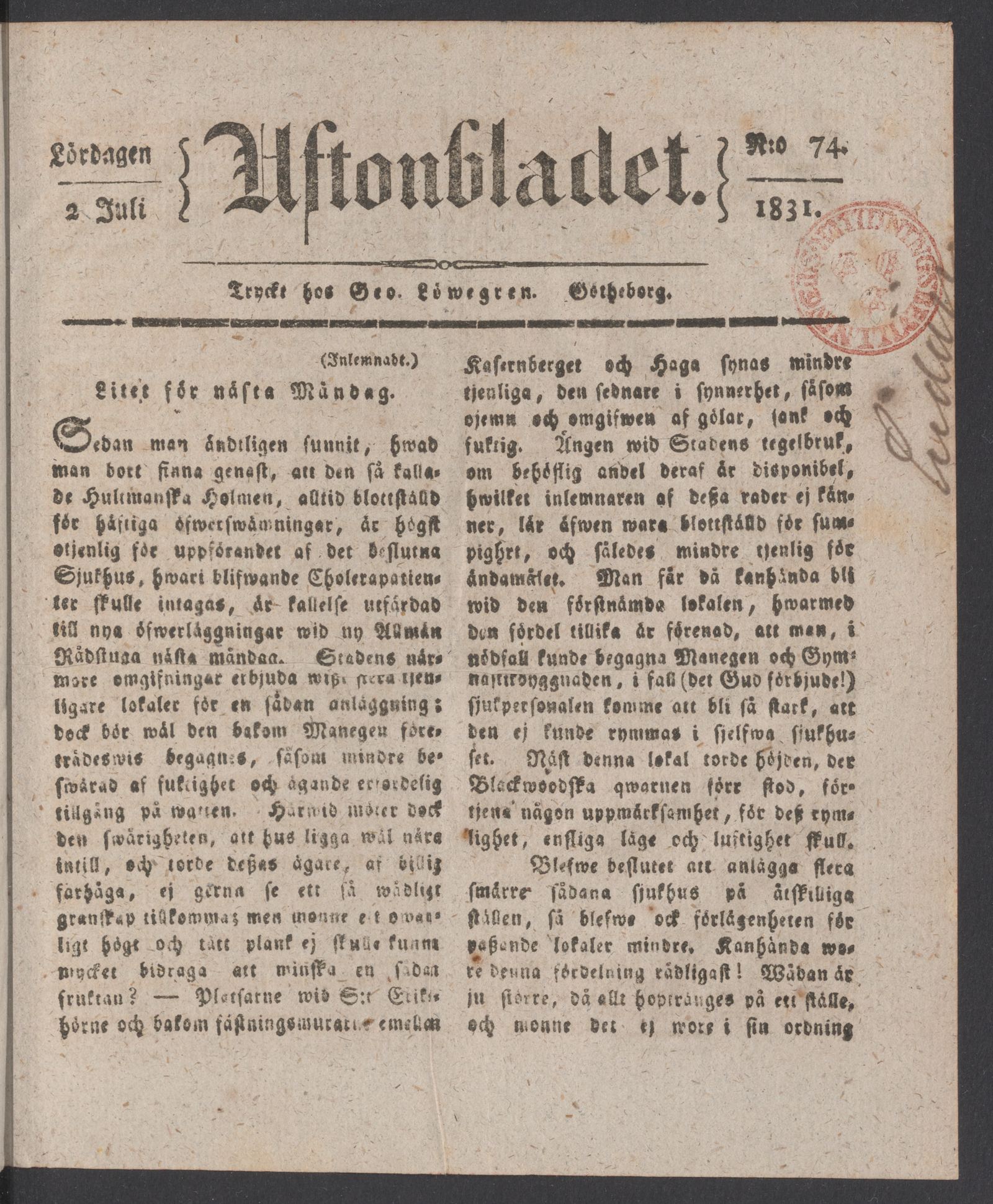 Tidningssida ur AFTONBLADET, 1831-07-02
