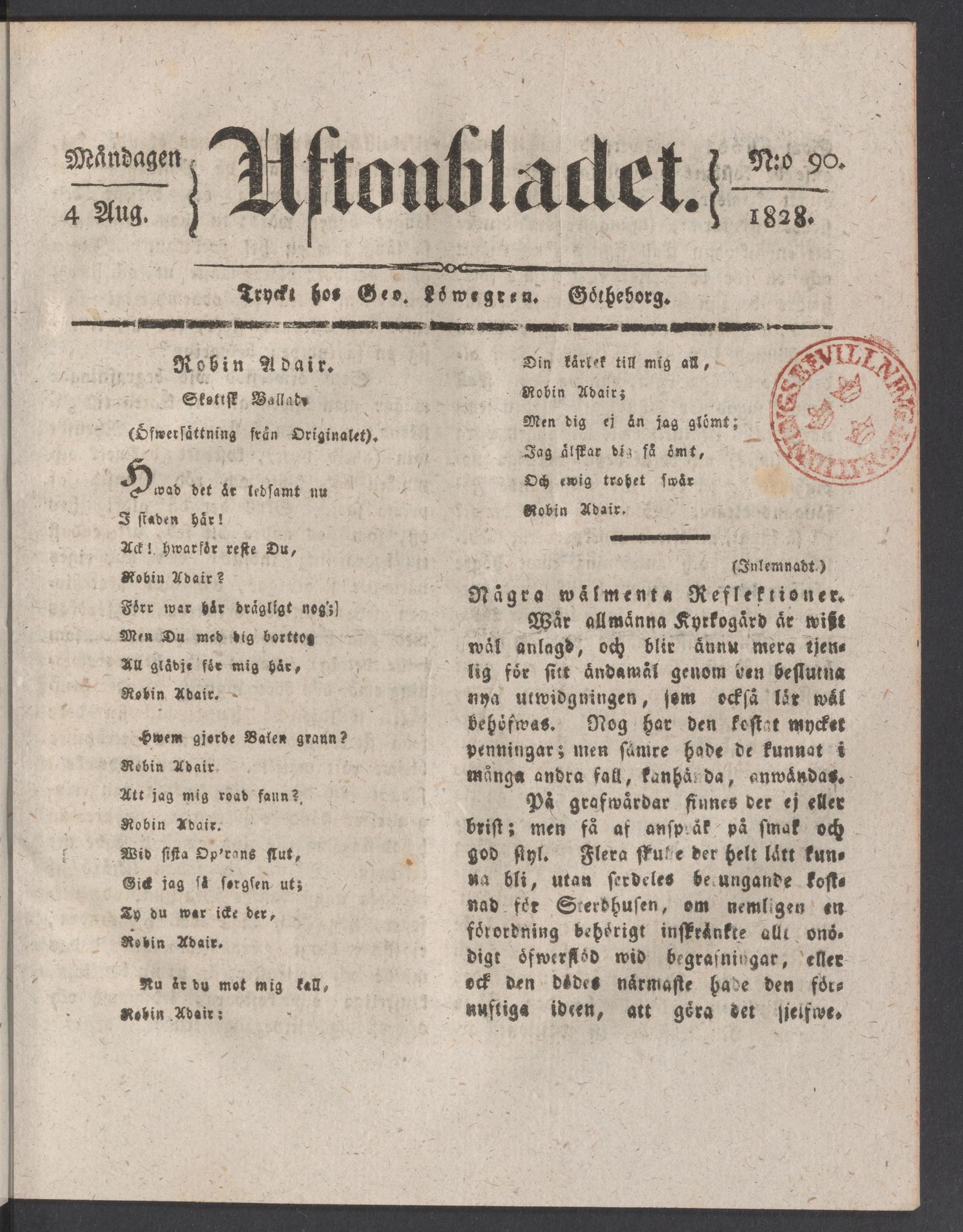Tidningssida ur AFTONBLADET, 1828-08-04