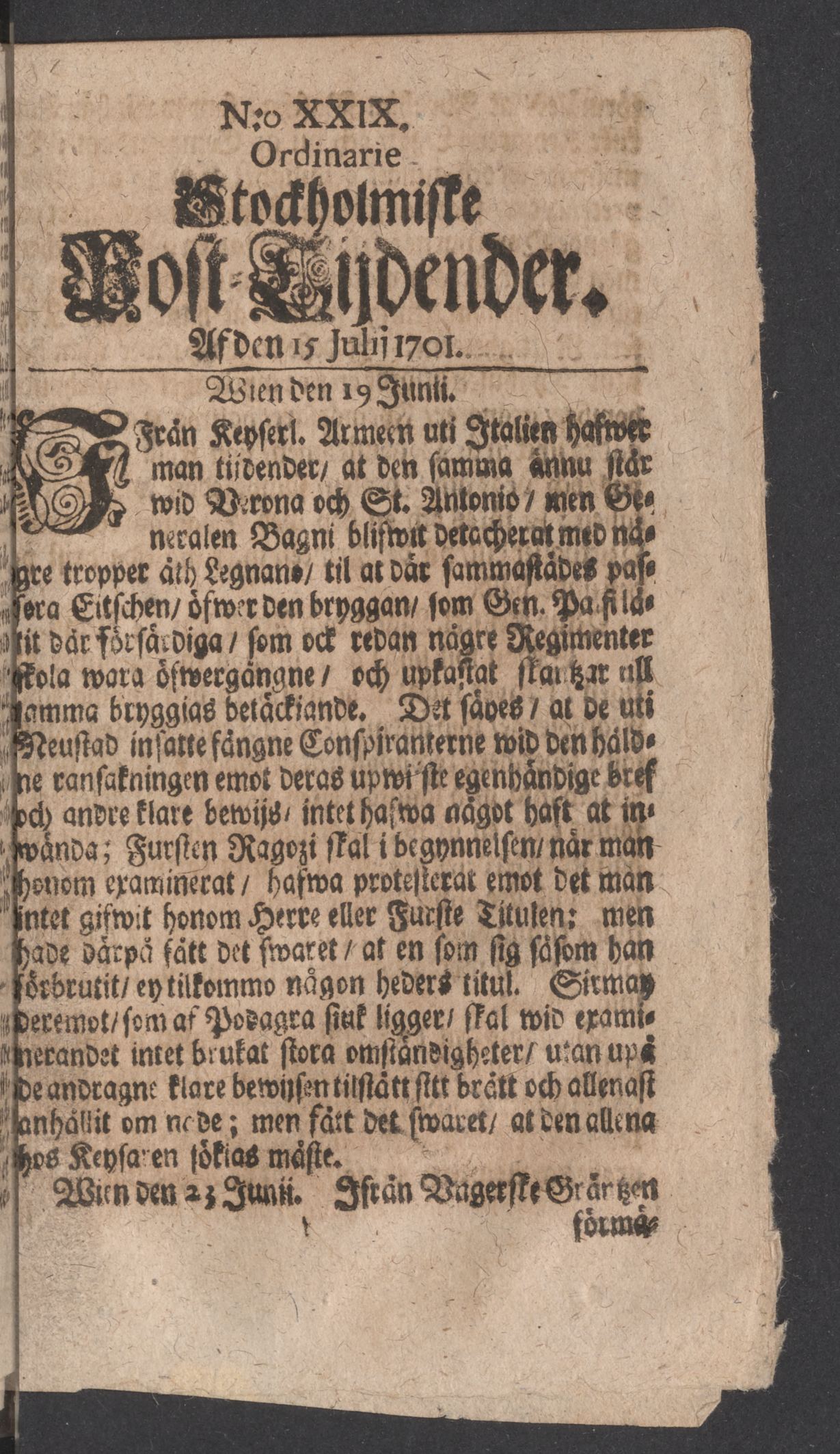 Tidningssida ur POSTTIDNINGAR, 1701-07-15
