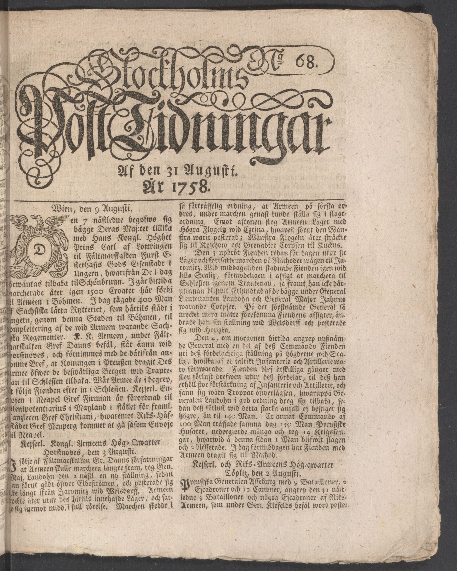 Tidningssida ur POSTTIDNINGAR, 1758-08-31