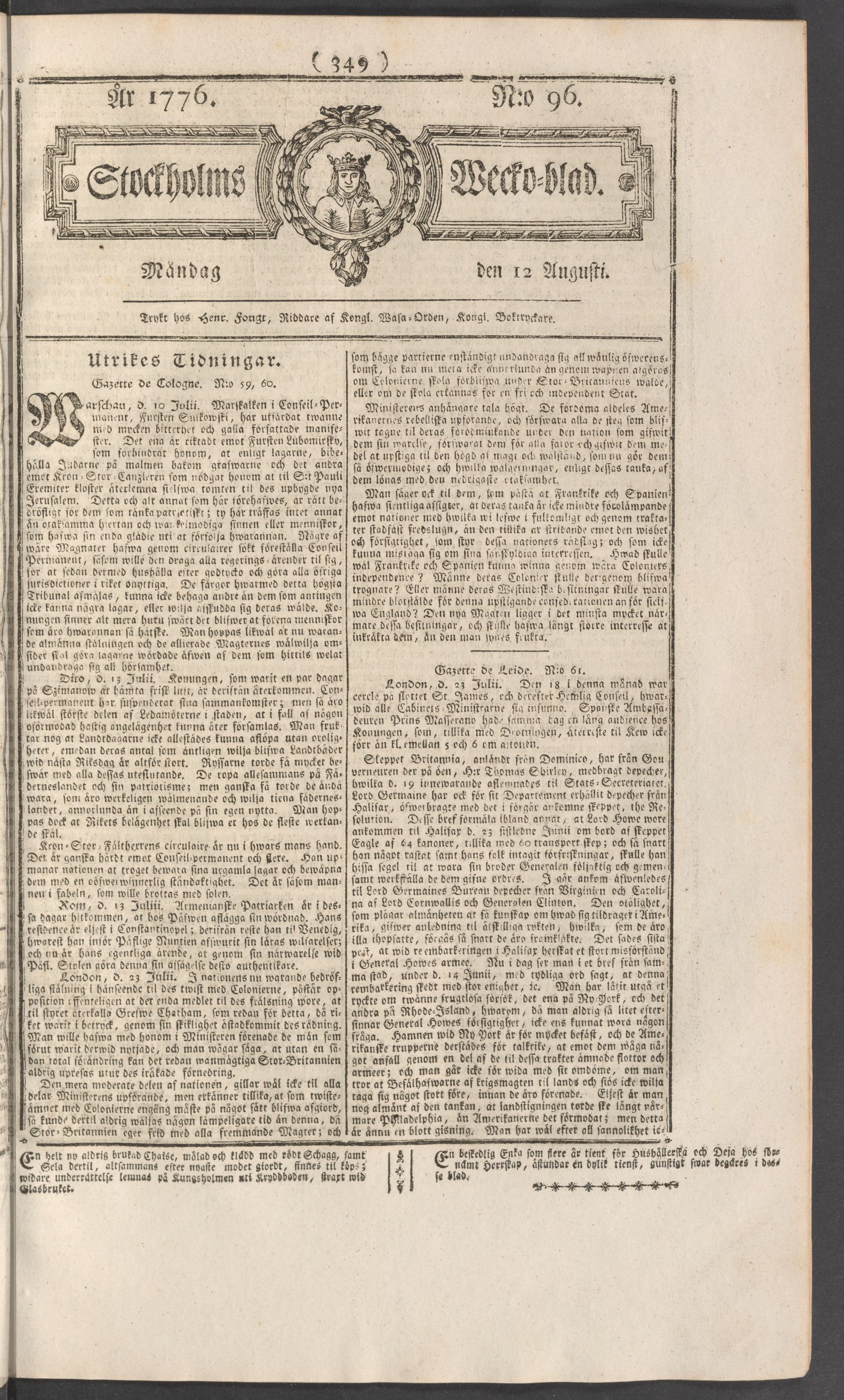 Tidningssida ur STOCKHOLMS WECKOBLAD, 1776-08-12