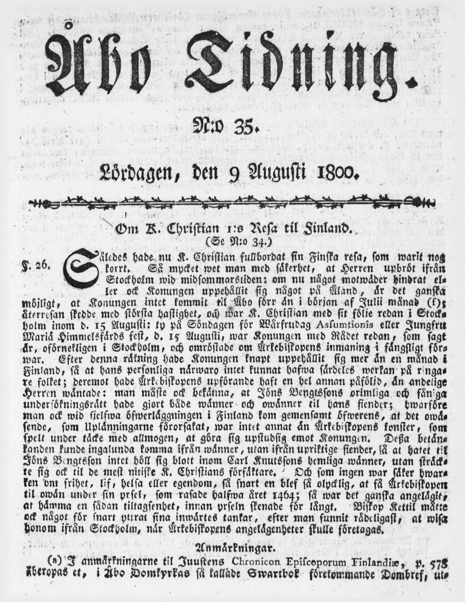 Tidningssida ur ÅBO TIDNING, 1800-08-09
