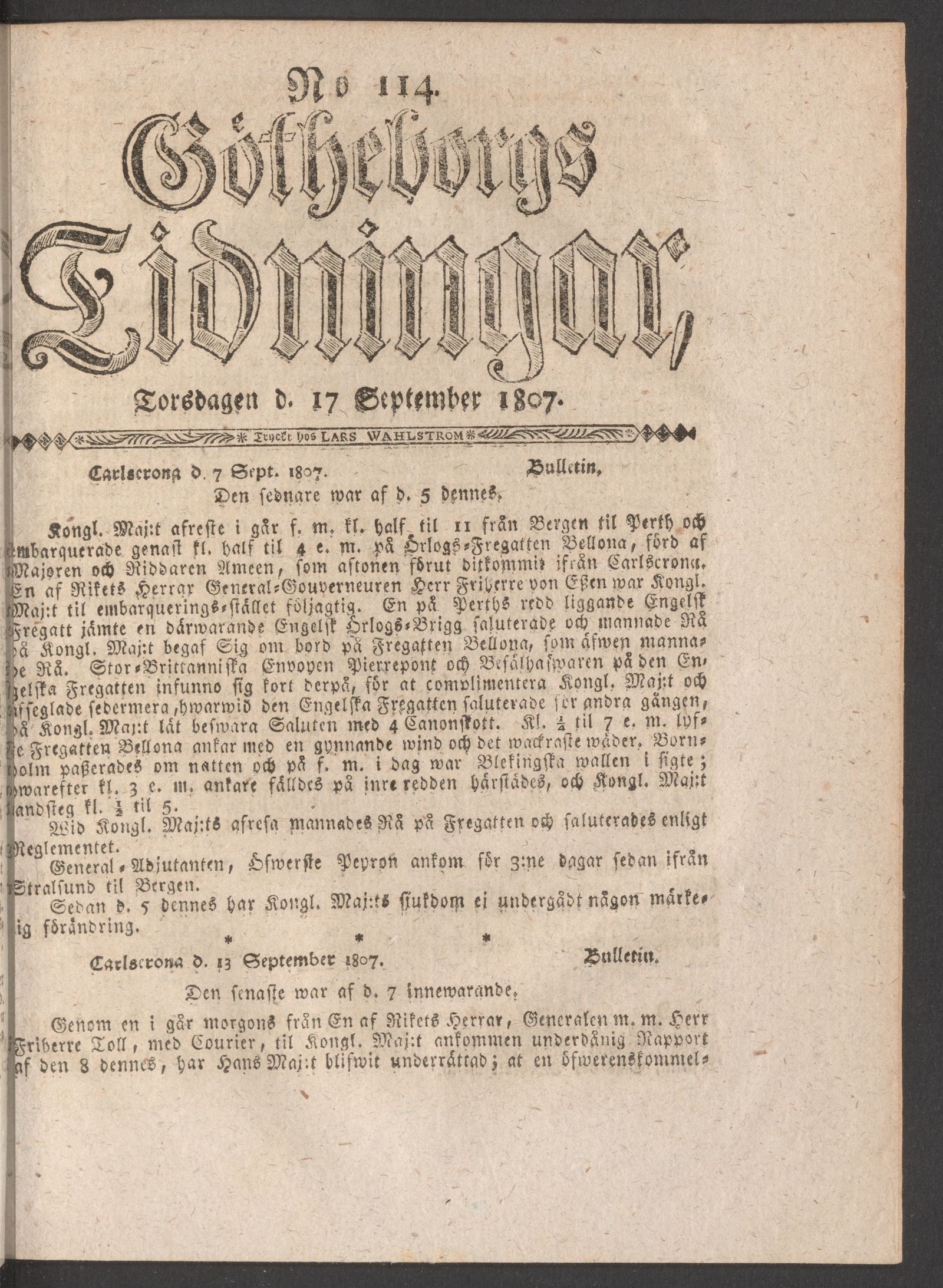 Tidningssida ur GÖTHEBORGS TIDNINGAR, 1807-09-17