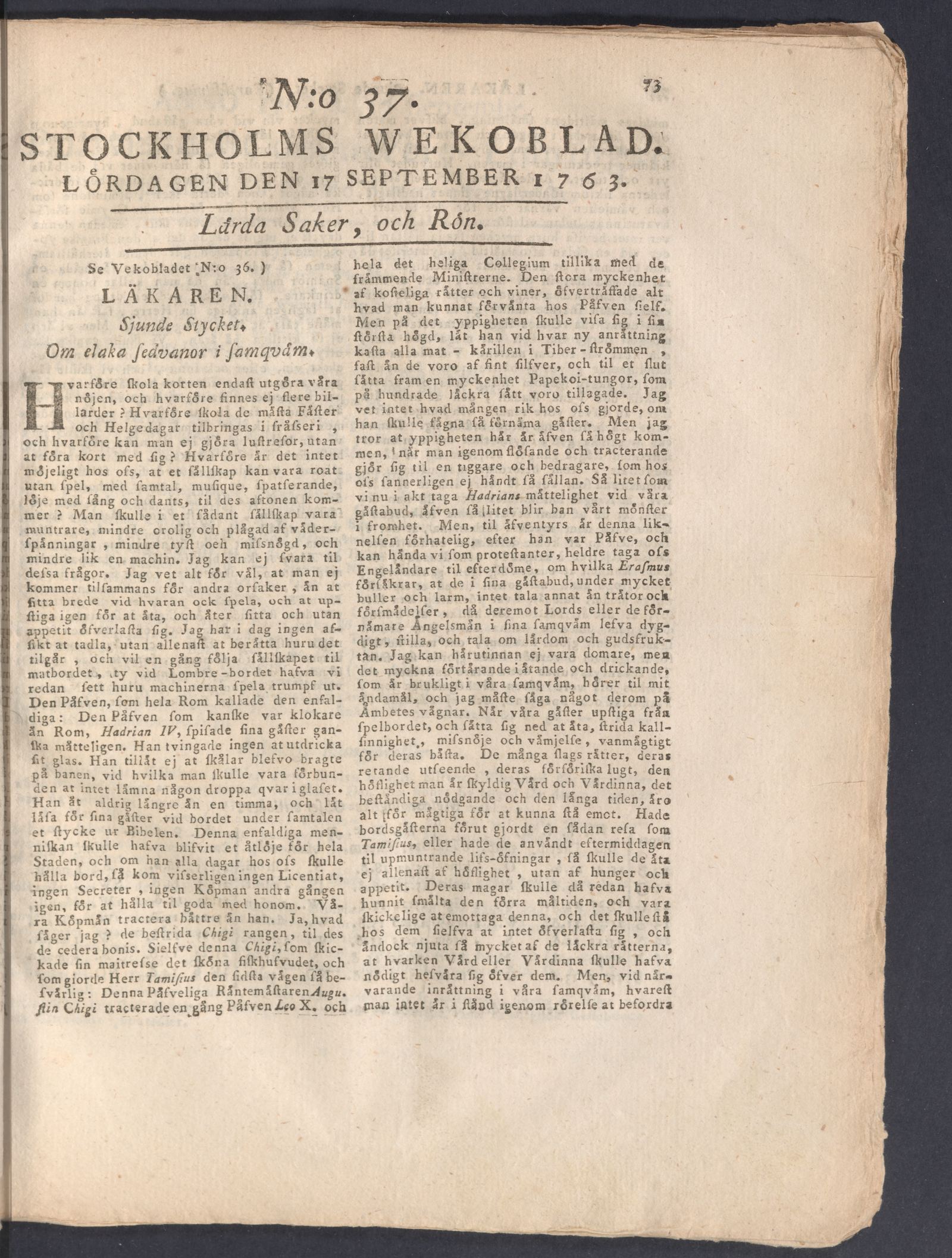 Tidningssida ur STOCKHOLMS WECKOBLAD, 1763-09-17