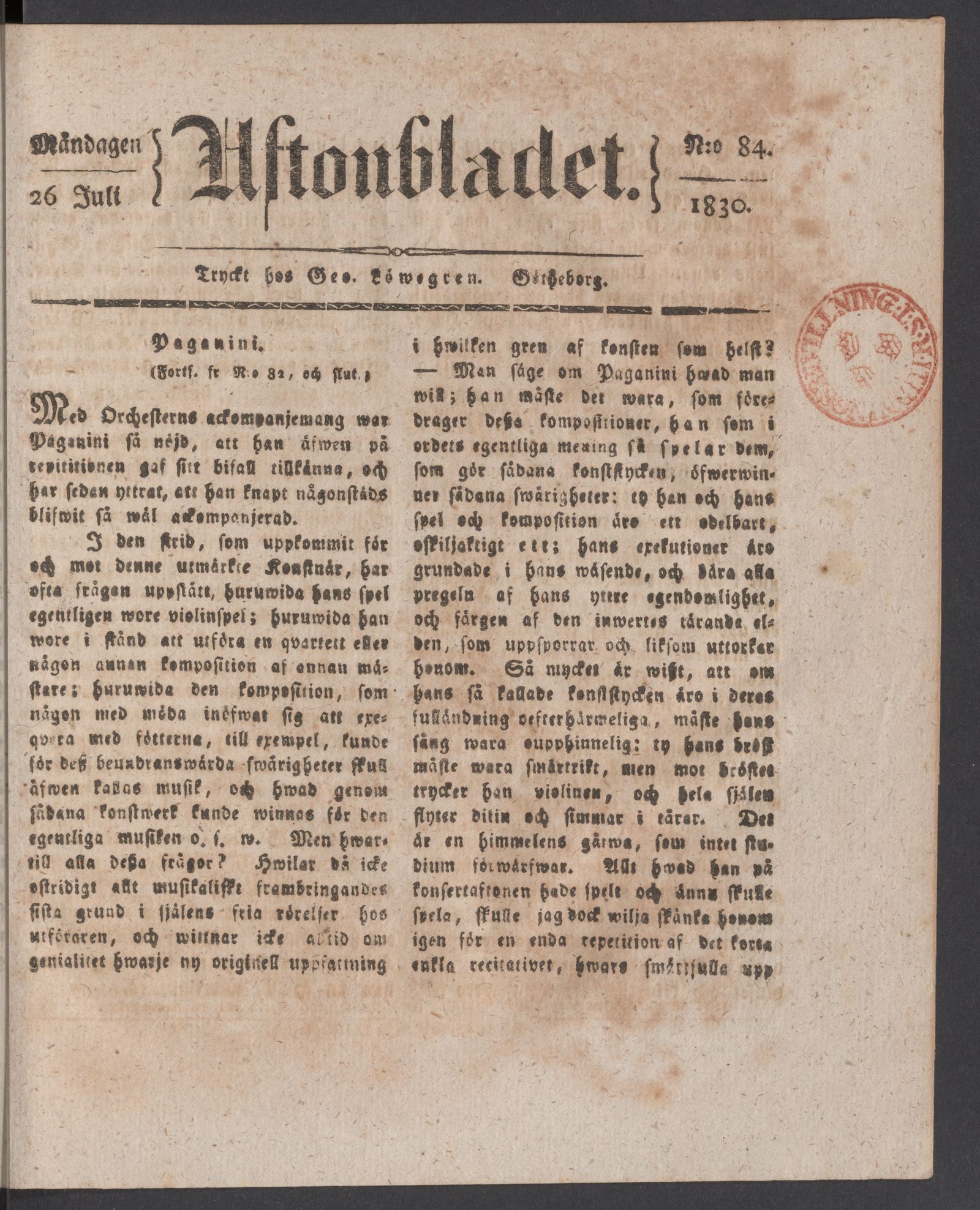 Tidningssida ur AFTONBLADET, 1830-07-26