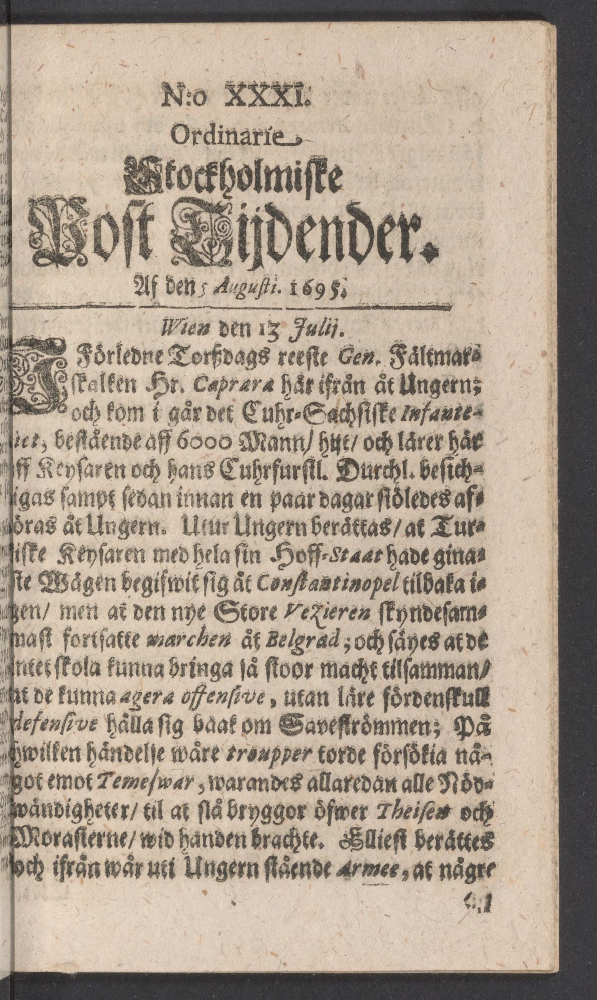 Tidningssida ur POSTTIDNINGAR, 1695-08-05