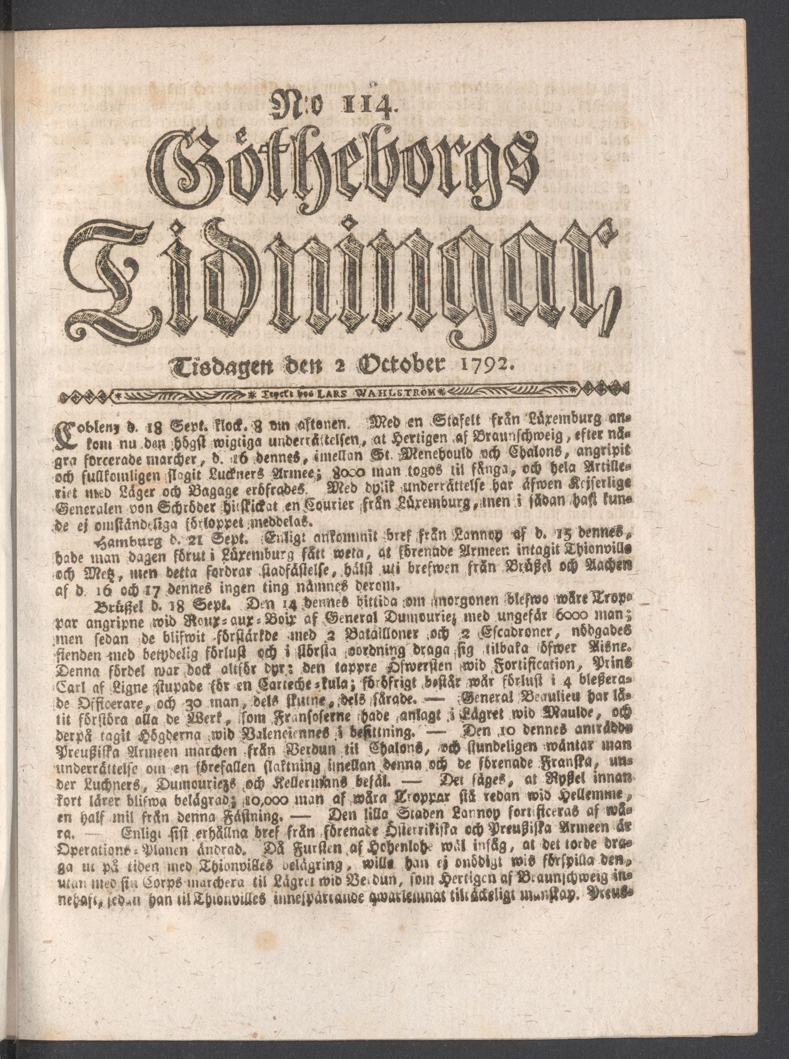 Tidningssida ur GÖTHEBORGS TIDNINGAR, 1792-10-02