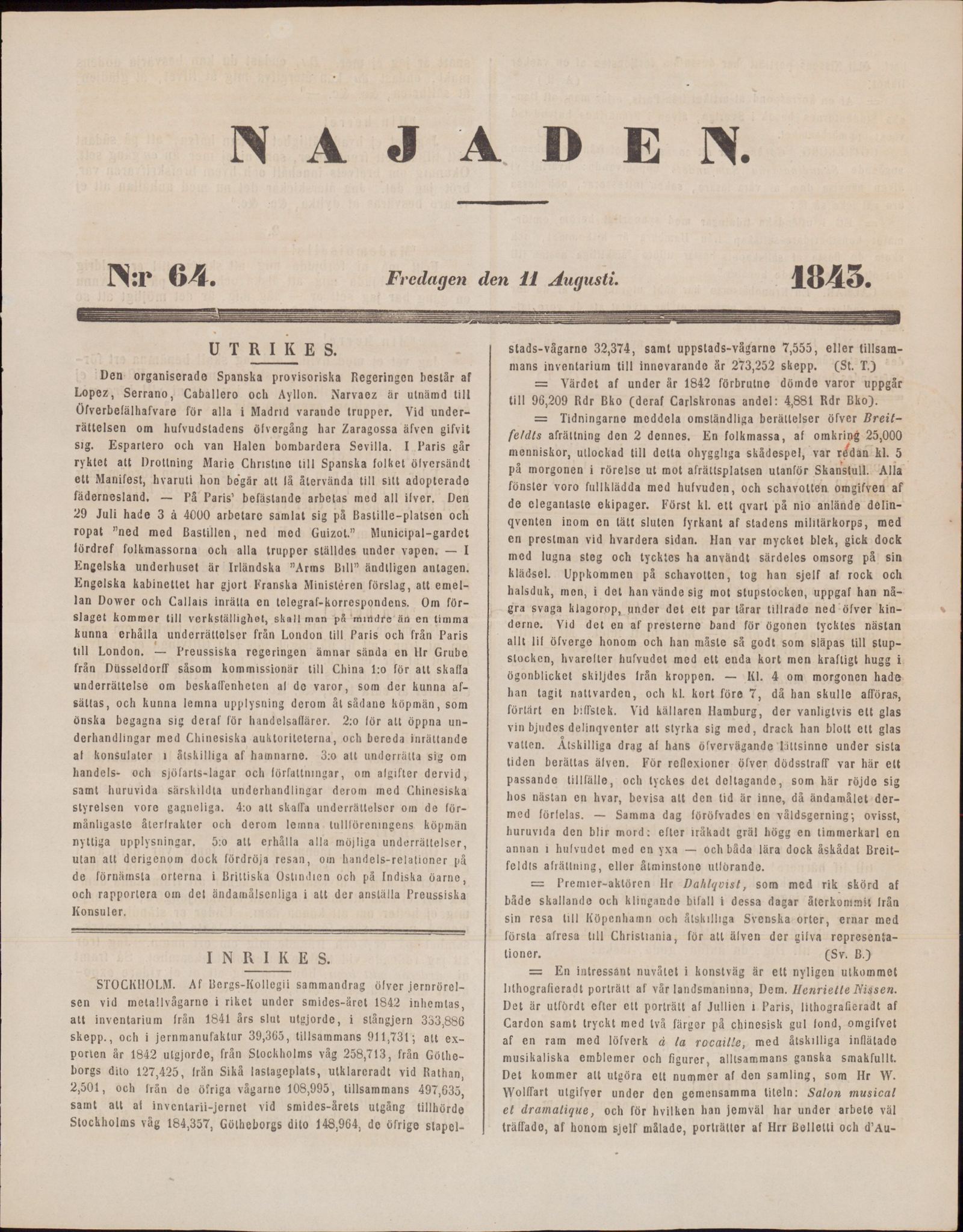Tidningssida ur NAJADEN, 1843-08-11