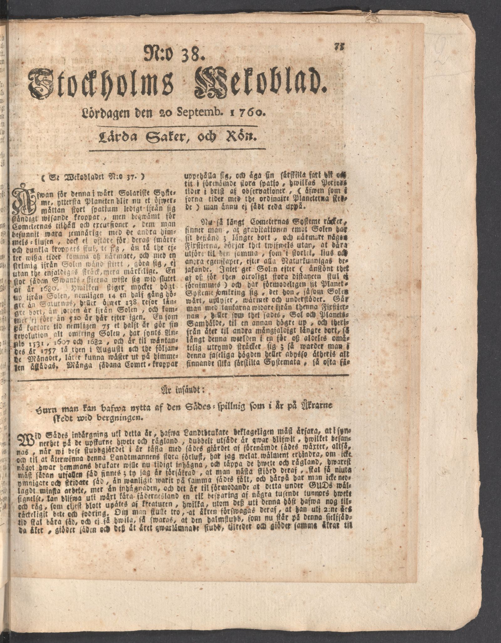Tidningssida ur STOCKHOLMS WECKOBLAD, 1760-09-20