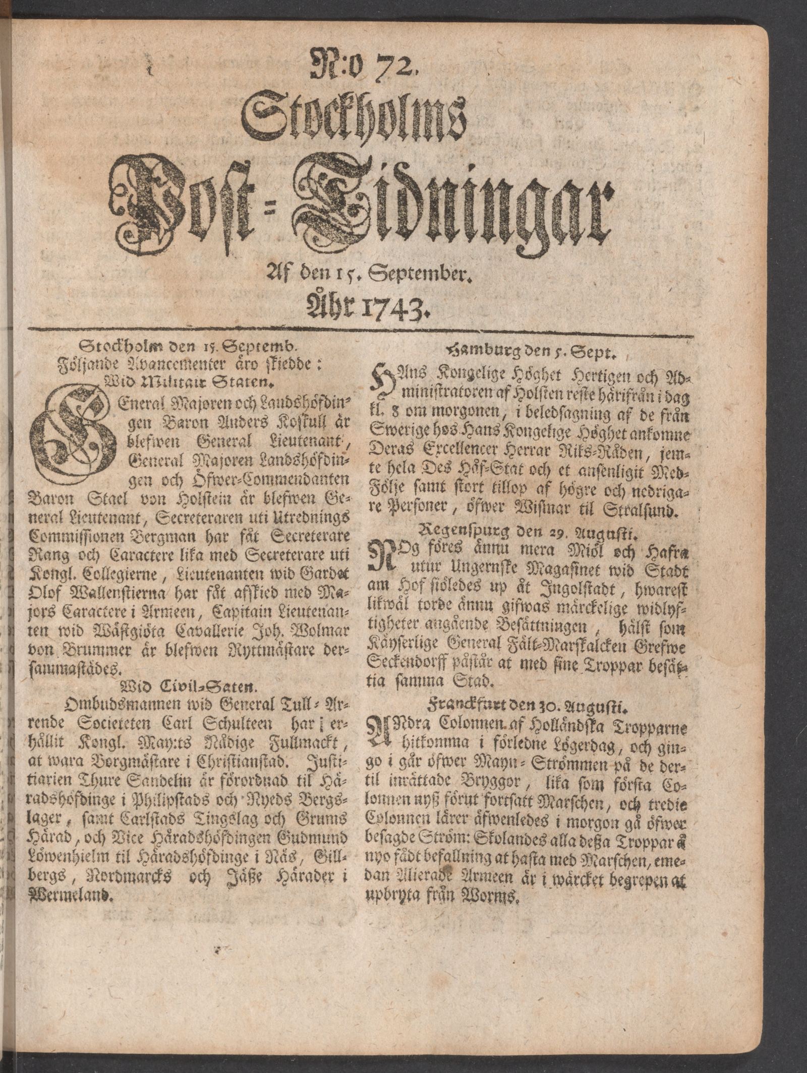 Tidningssida ur POSTTIDNINGAR, 1743-09-15