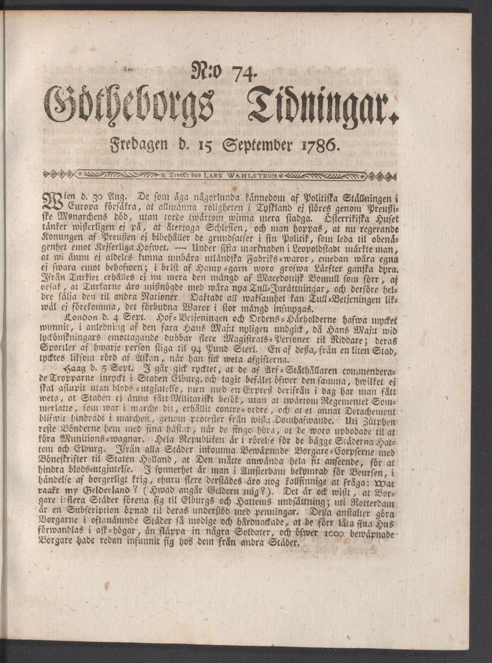 Tidningssida ur GÖTHEBORGS TIDNINGAR, 1786-09-15