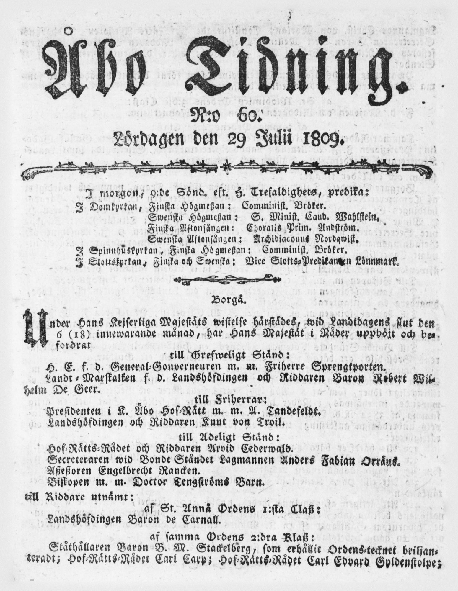 Tidningssida ur ÅBO TIDNING, 1809-07-29