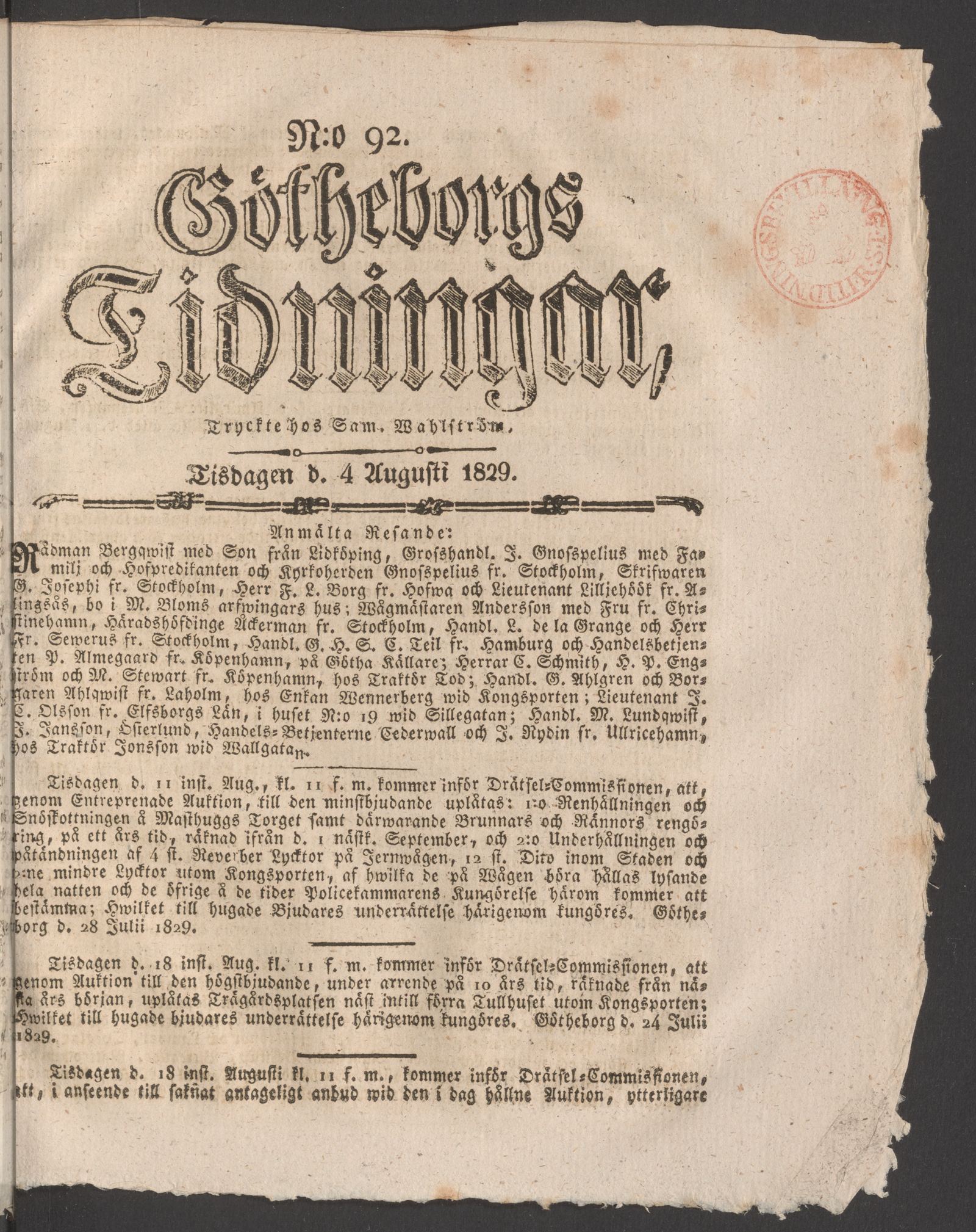 Tidningssida ur GÖTHEBORGS TIDNINGAR, 1829-08-04