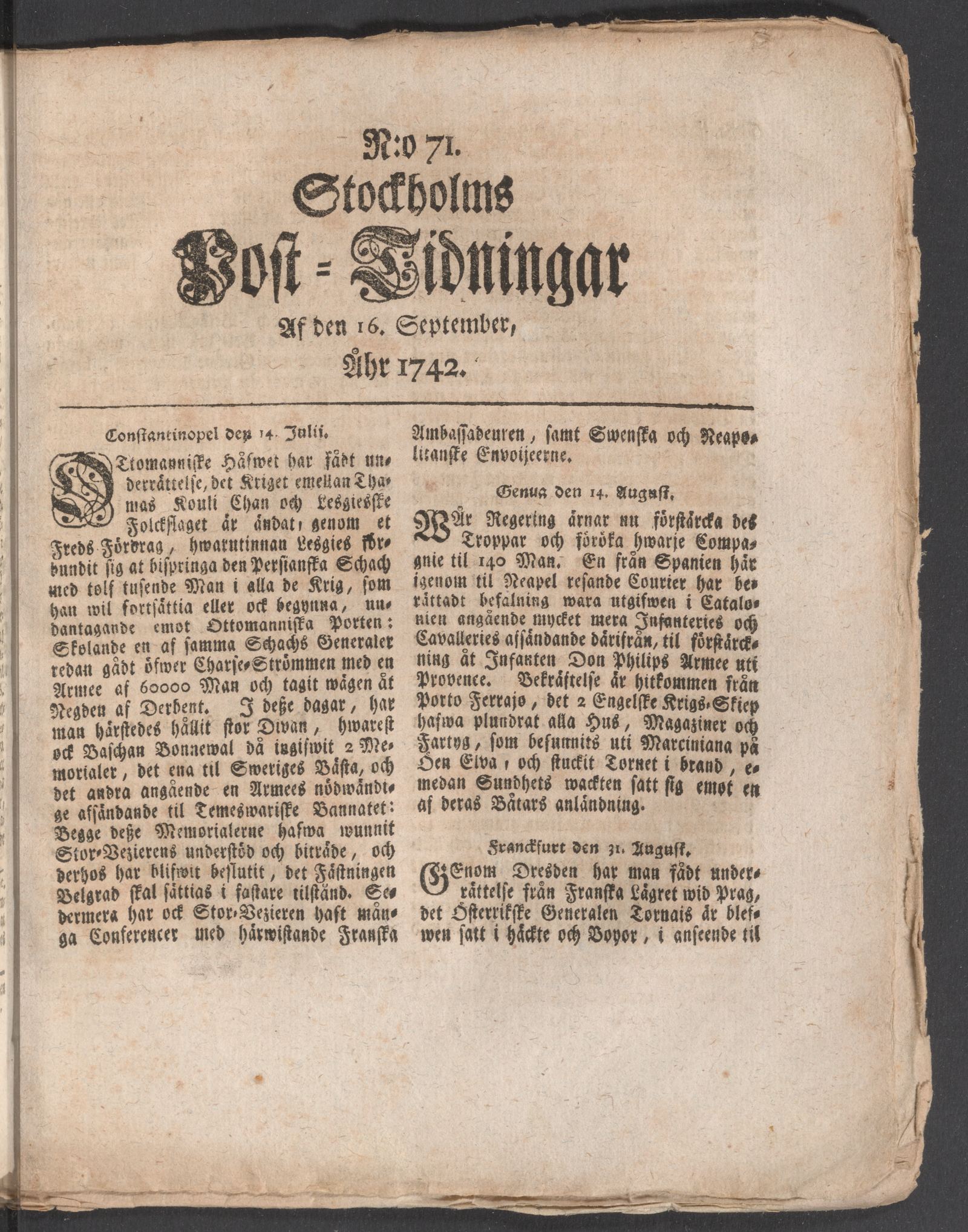 Tidningssida ur POSTTIDNINGAR, 1742-09-16