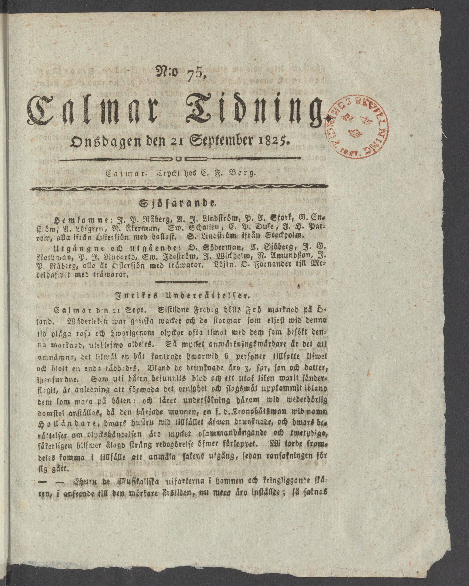 Tidningssida ur CALMAR TIDNING, 1825-09-21